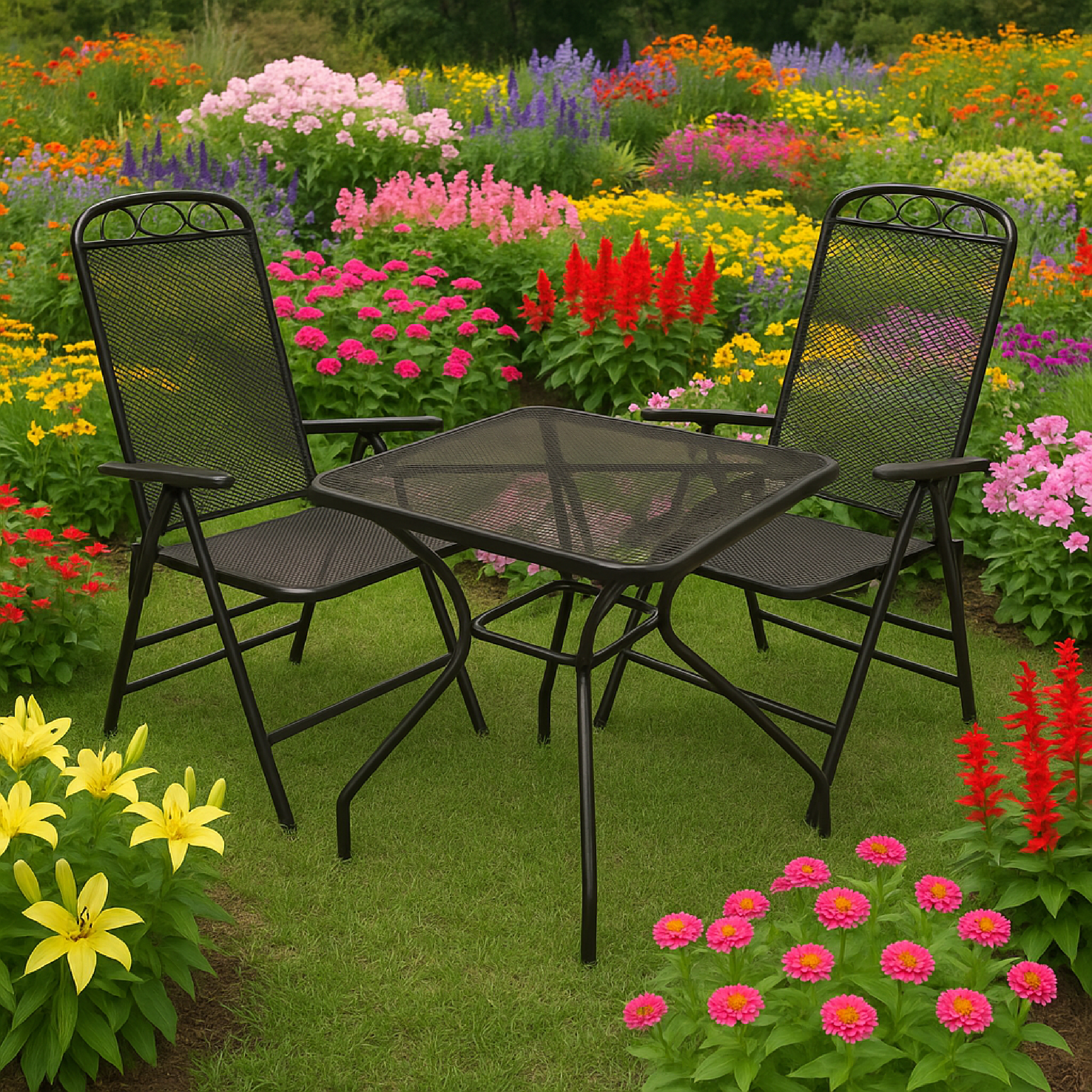 Ein schwarzer Gartentisch mit zwei Stühlen inmitten bunter Blumen.
