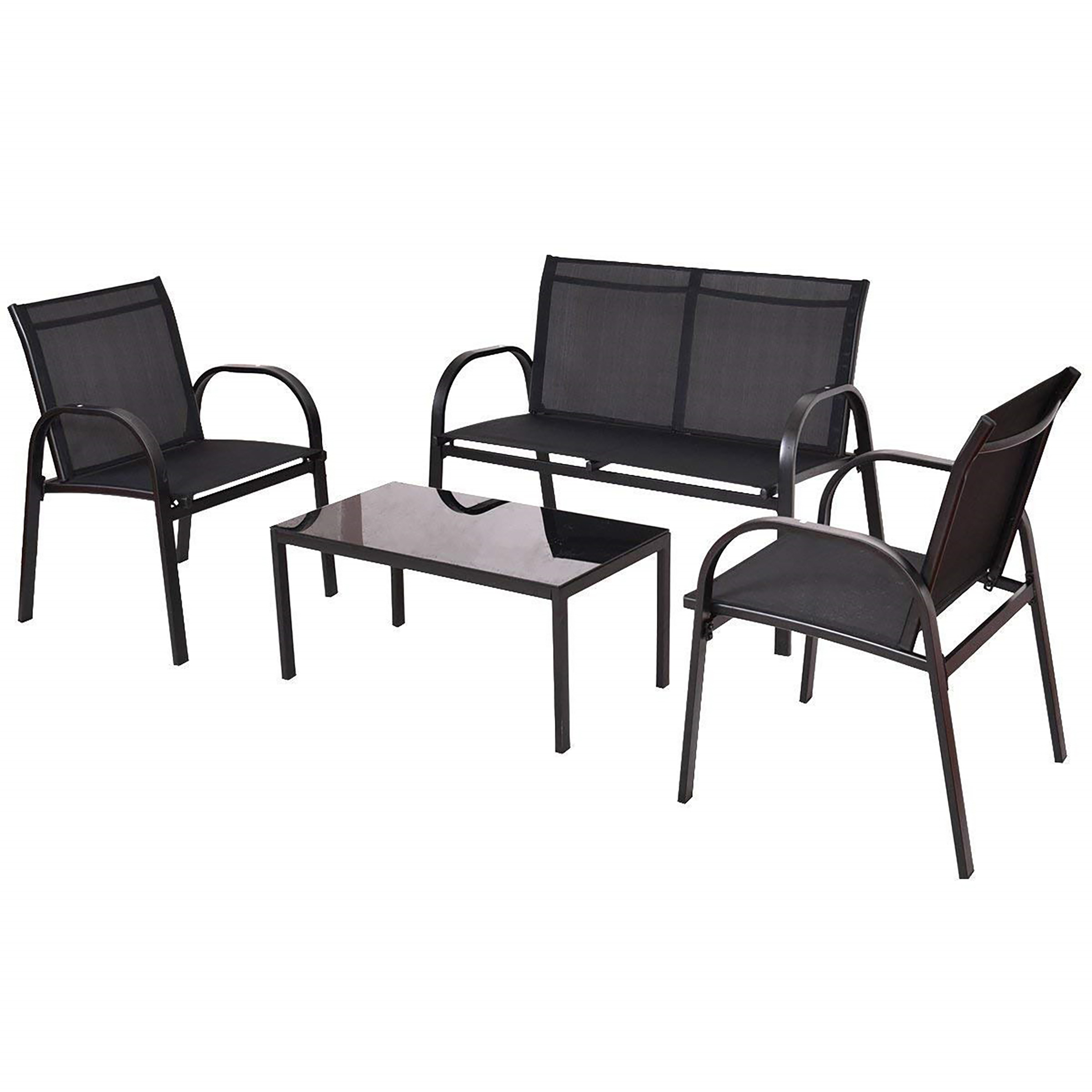Ein schwarzes Gartenmöbelset mit zwei Stühlen, einer Bank und einem Tisch.