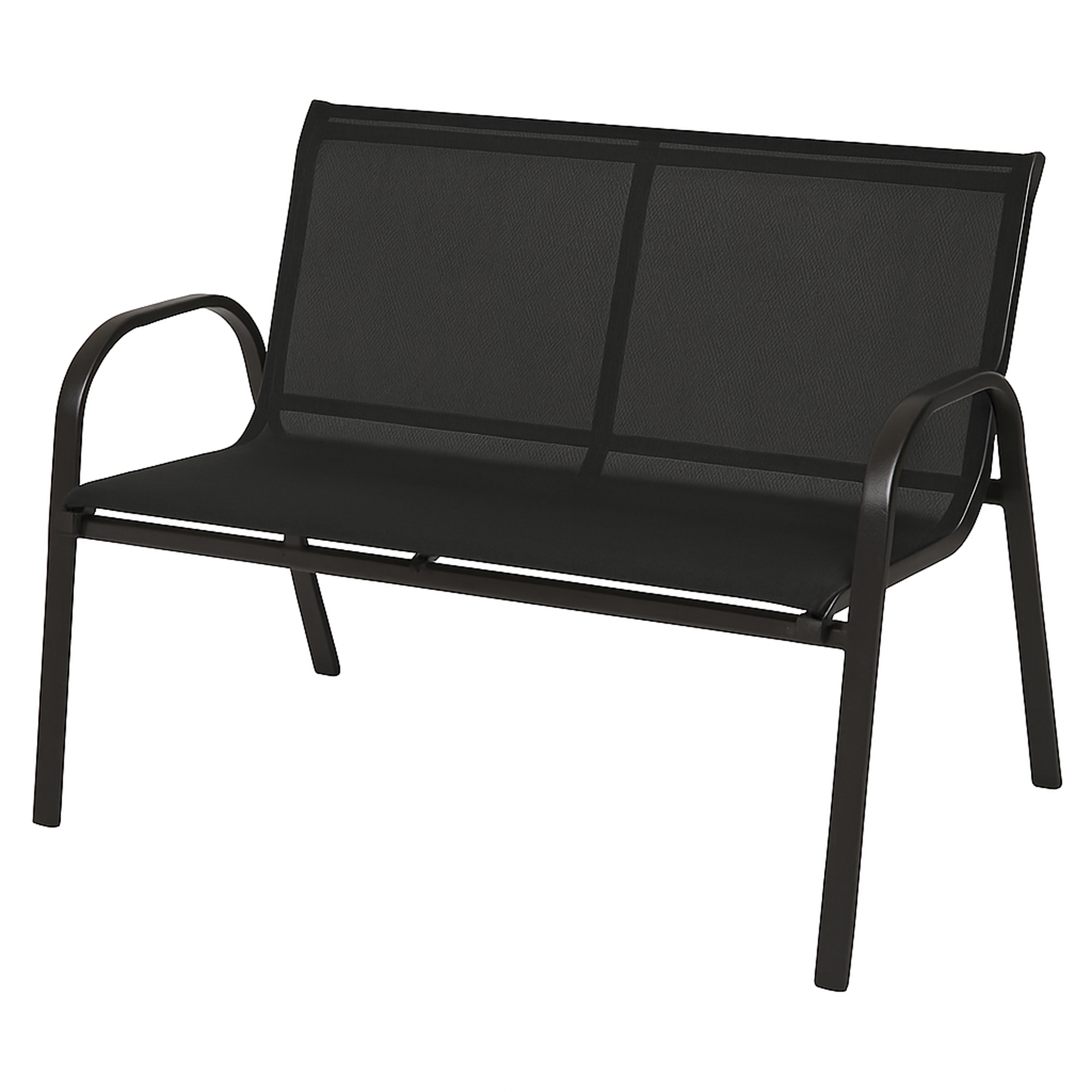 Eine schwarze Zweisitzer-Gartenbank aus Metall mit Netzgewebe.