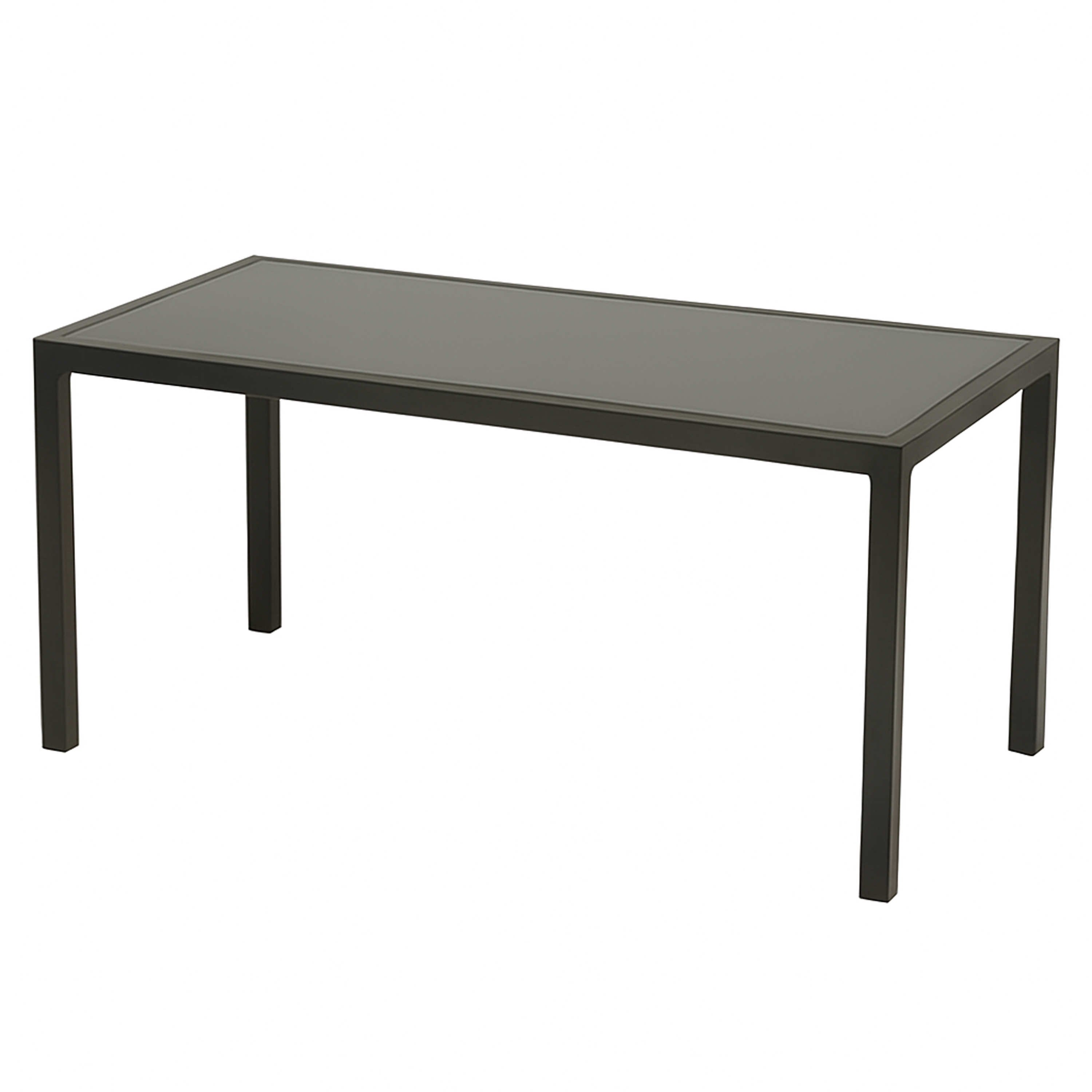 Ein rechteckiger Tisch mit dunklem Gestell und Glasplatte.
