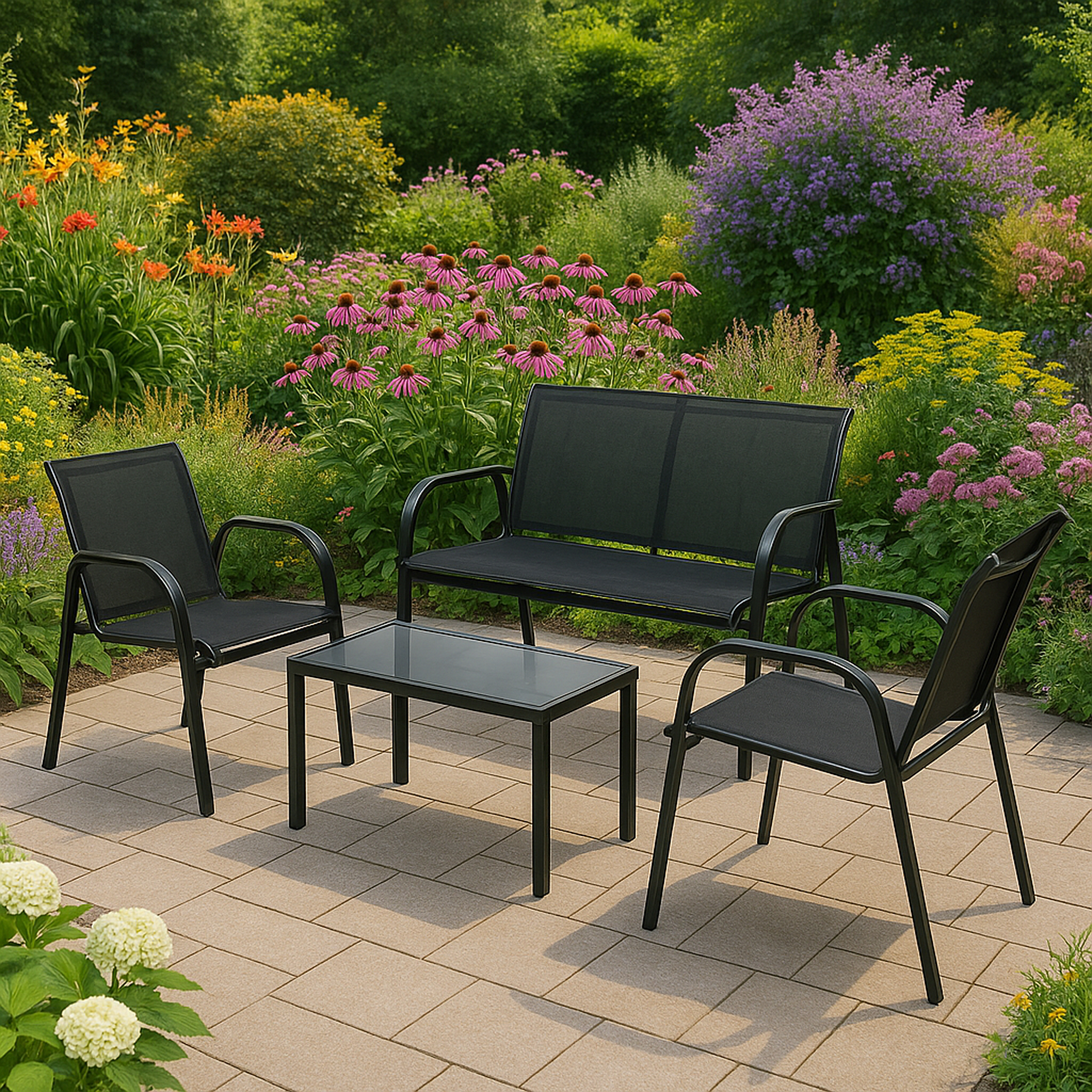 Gartenmöbel-Set auf einer Terrasse, umgeben von Blumen.