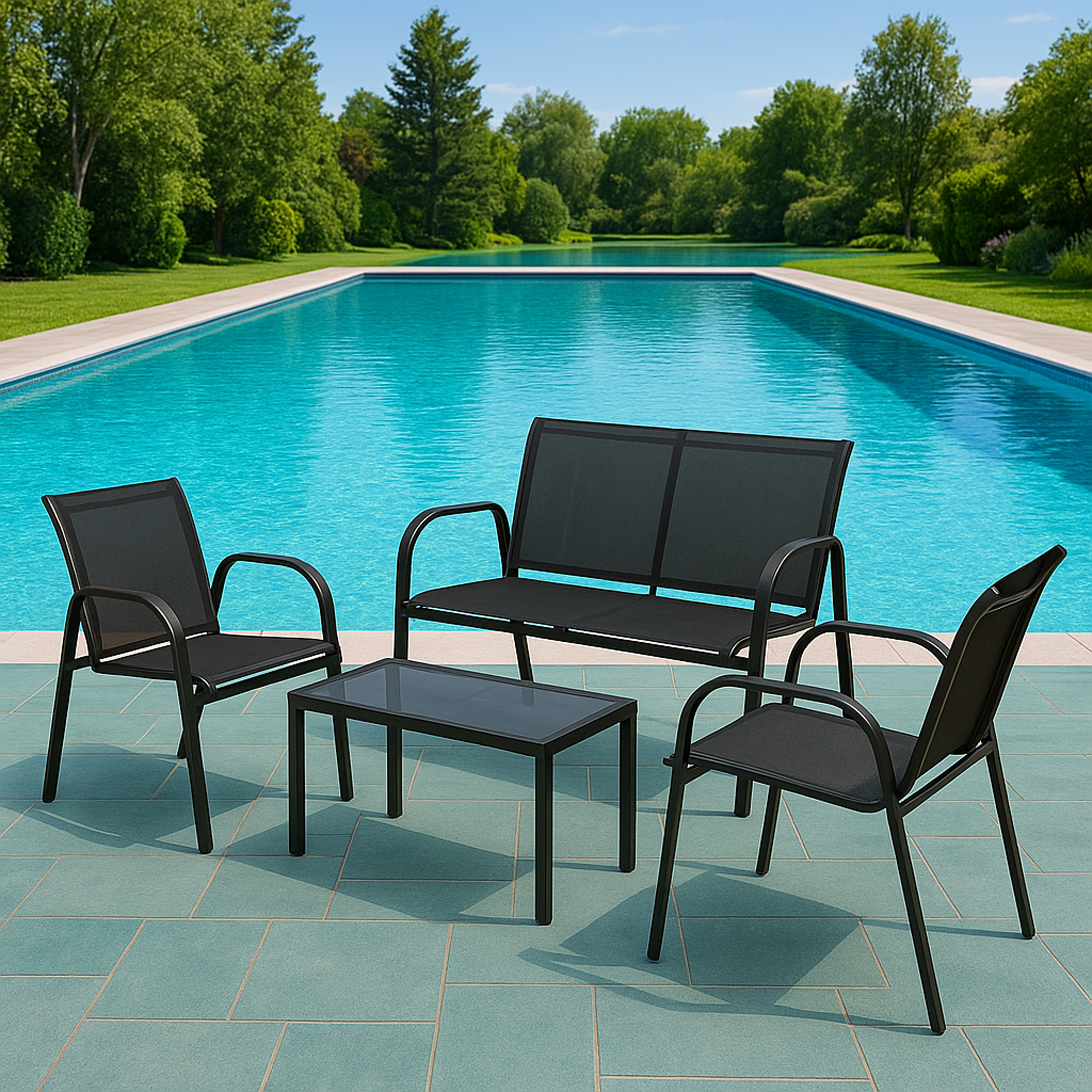Dunkle Gartenmöbel mit Tisch am Pool vor Bäumen.