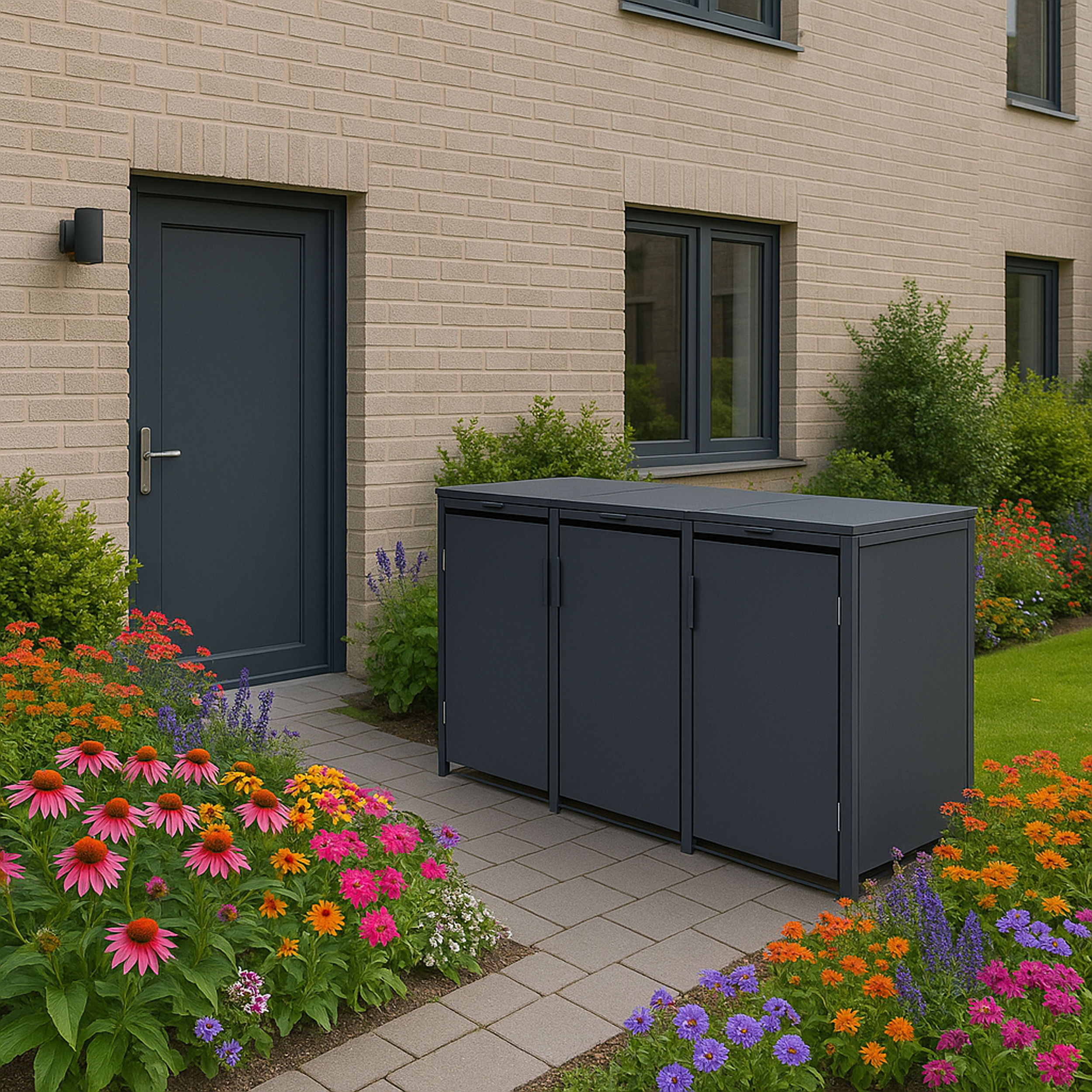 Dunkelgraue Mülltonnenbox neben Hauseingang mit Blumenbeeten.