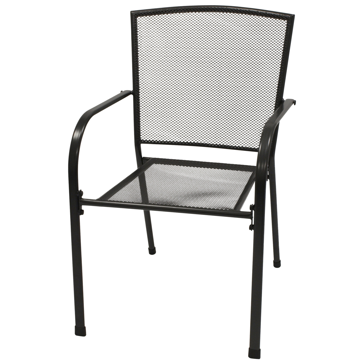 Schwarzer Metallstuhl mit Netzgewebe für Sitz und Rückenlehne.