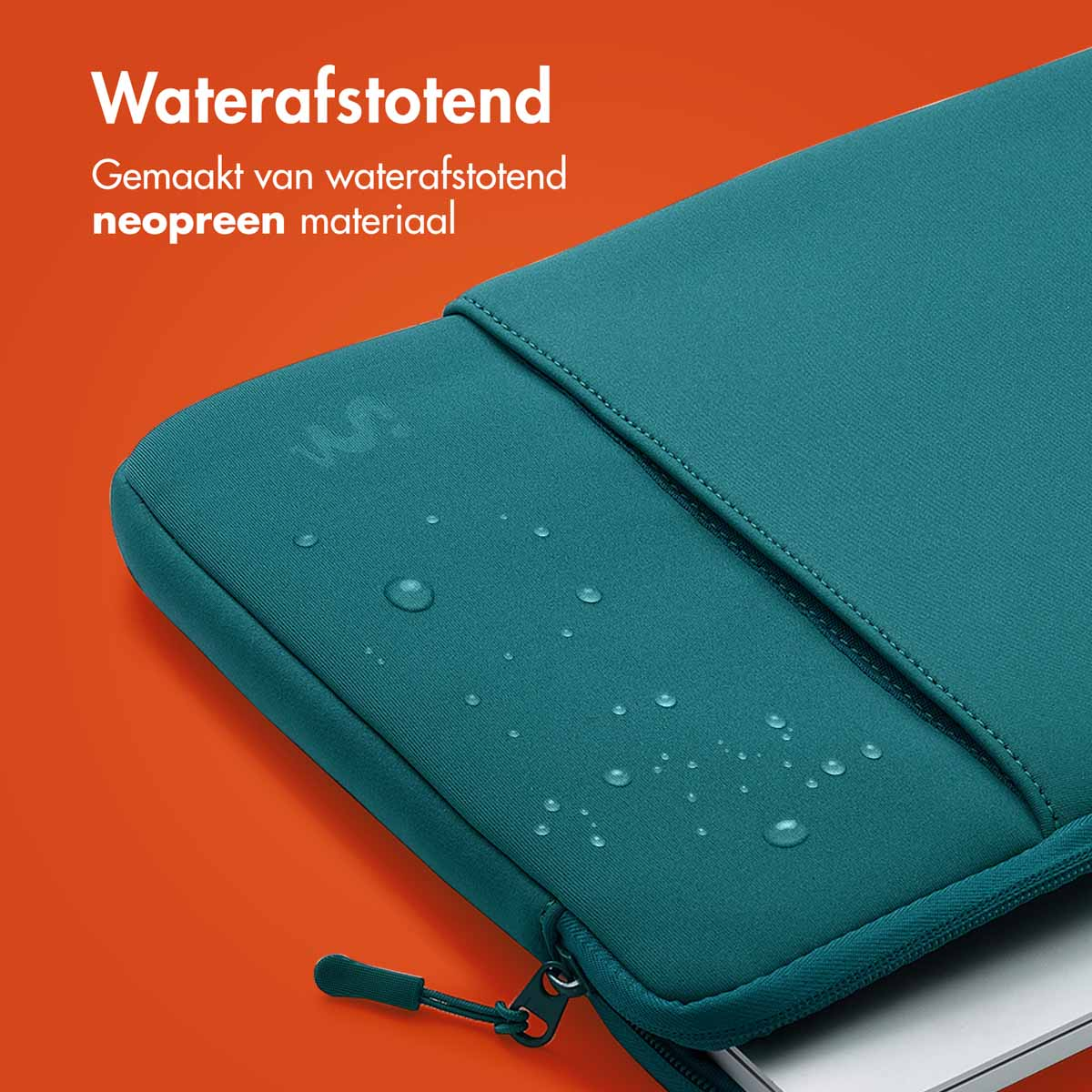 A teal laptop sleeve with water droplets on an orange background.