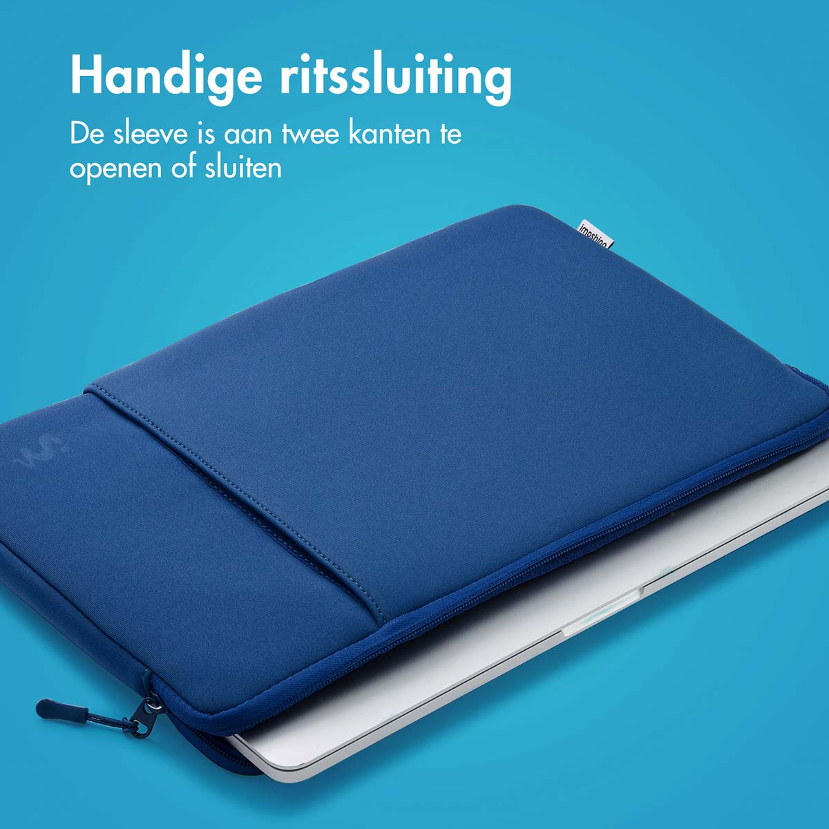 A blue laptop sleeve with a zipper and laptop tip.