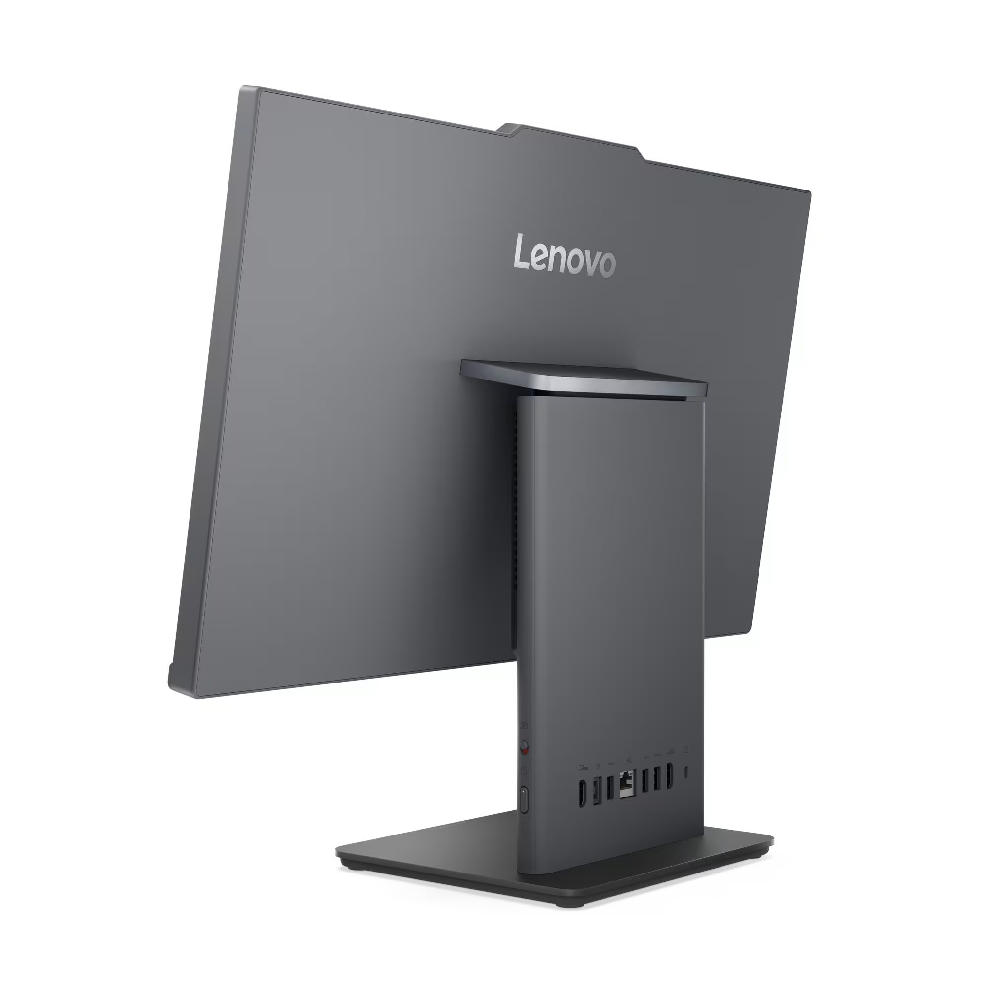 Gri Lenovo hepsi bir arada bilgisayarın arkası, bağlantı noktaları görünüyor.