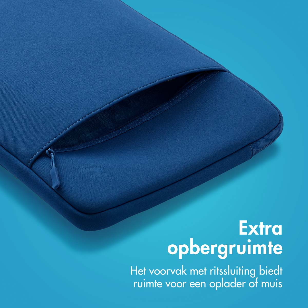 Blue laptop sleeve with a zippered pocket, perfect for a charger or mouse.