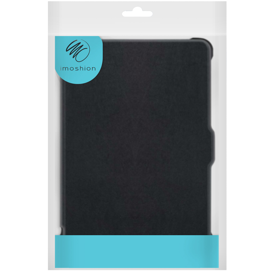 Étui noir pour tablette dans un emballage avec le logo 'imoshion'.