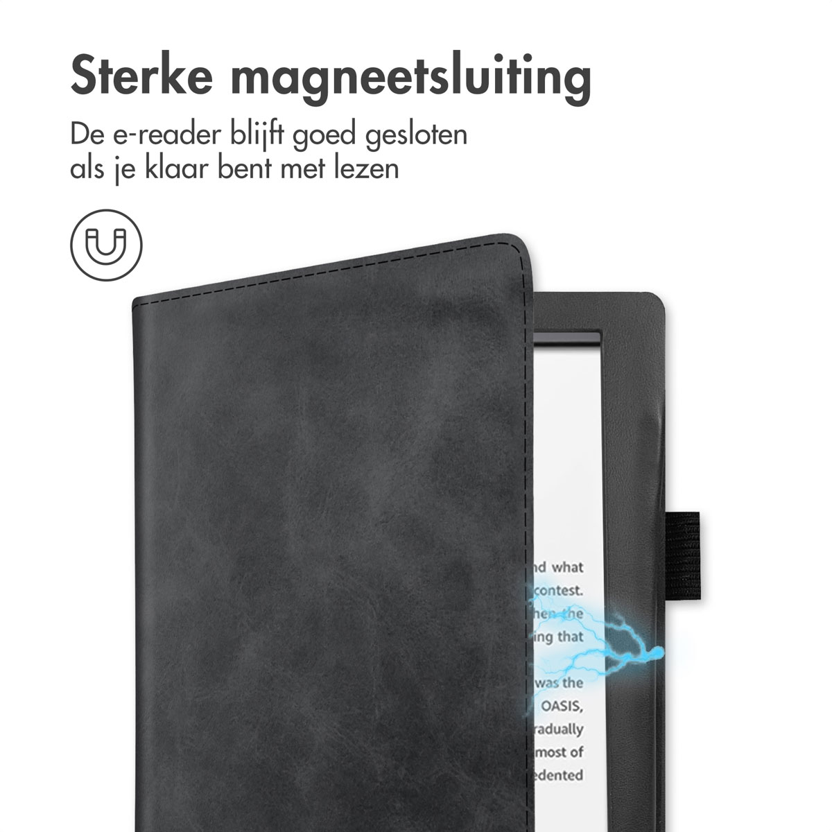Zwarte e-reader hoes met magneetsluiting, die een open apparaat beveiligt.