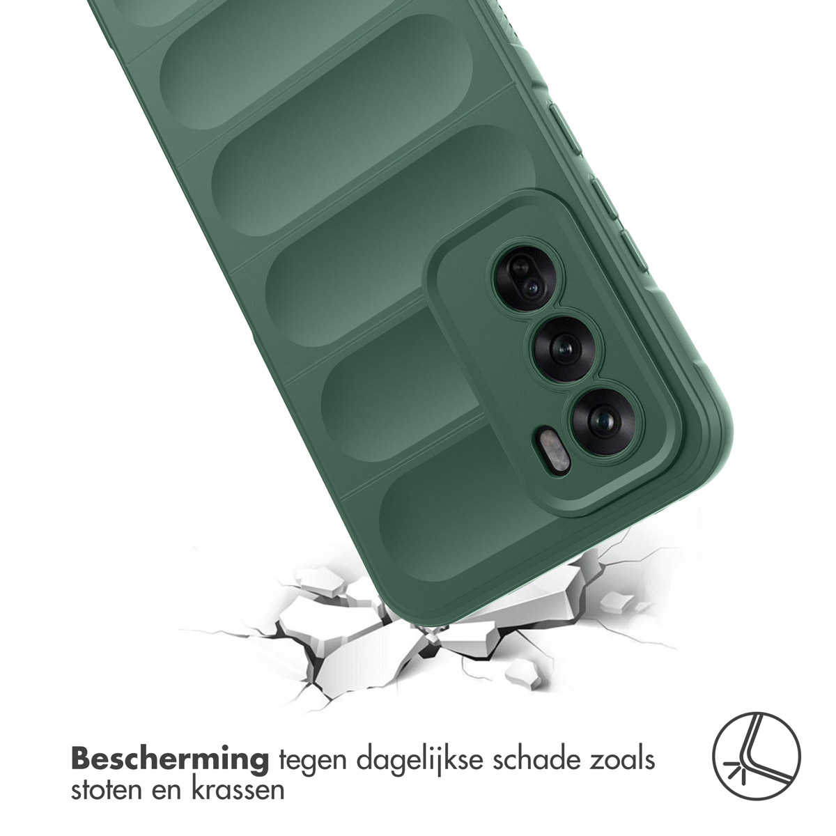 Groene telefoonhoes met camerabescherming valt op witte scherven.