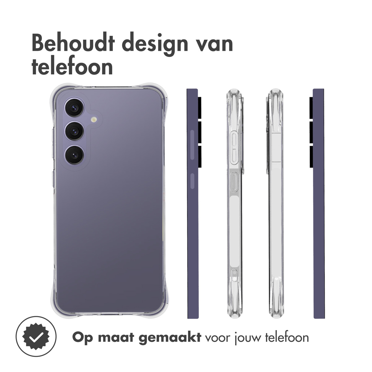 Transparente Handyhülle mit drei Ansichten. Text: Behält das Design des Telefons bei.