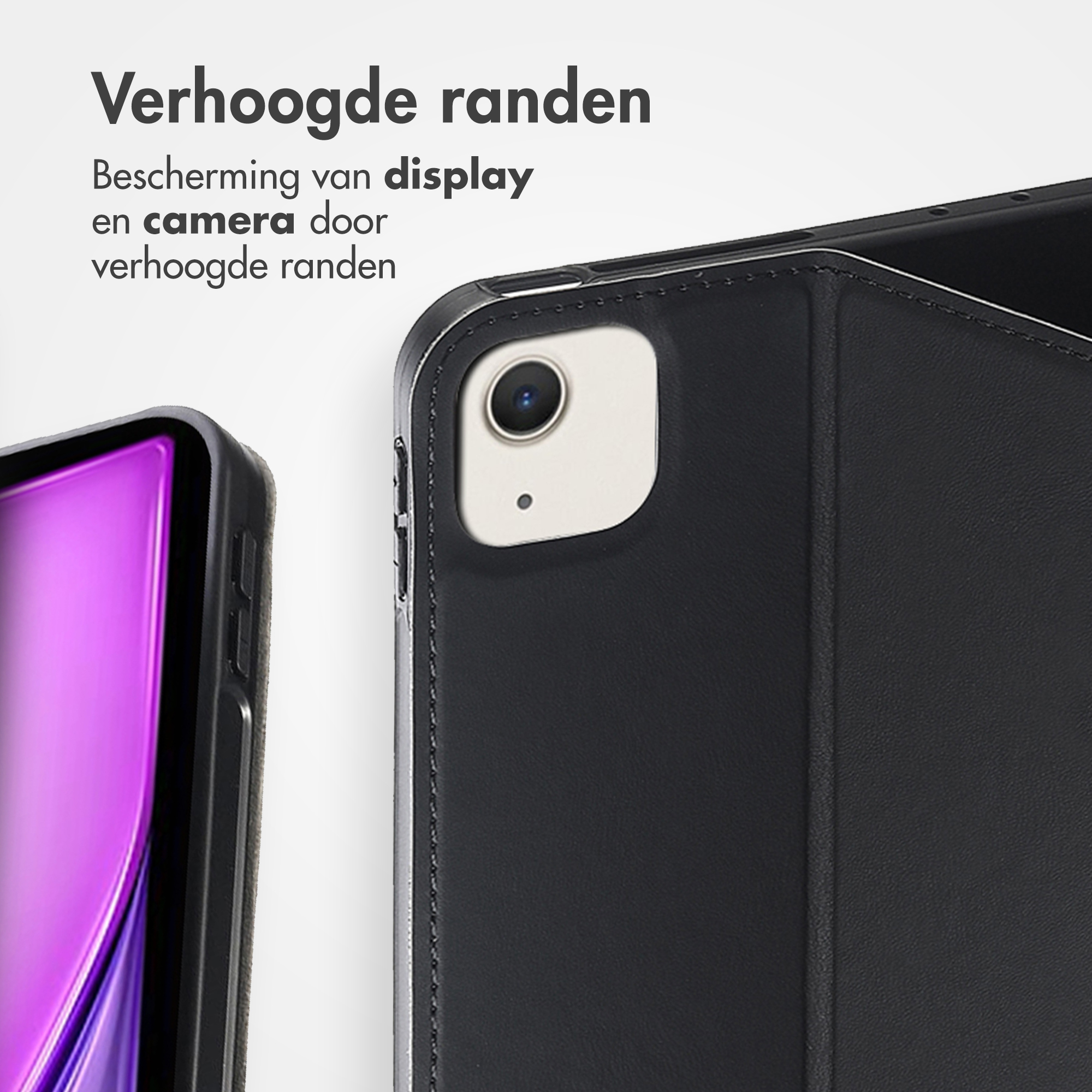 Zwarte tablet met verhoogde randen beschermt scherm en camera.