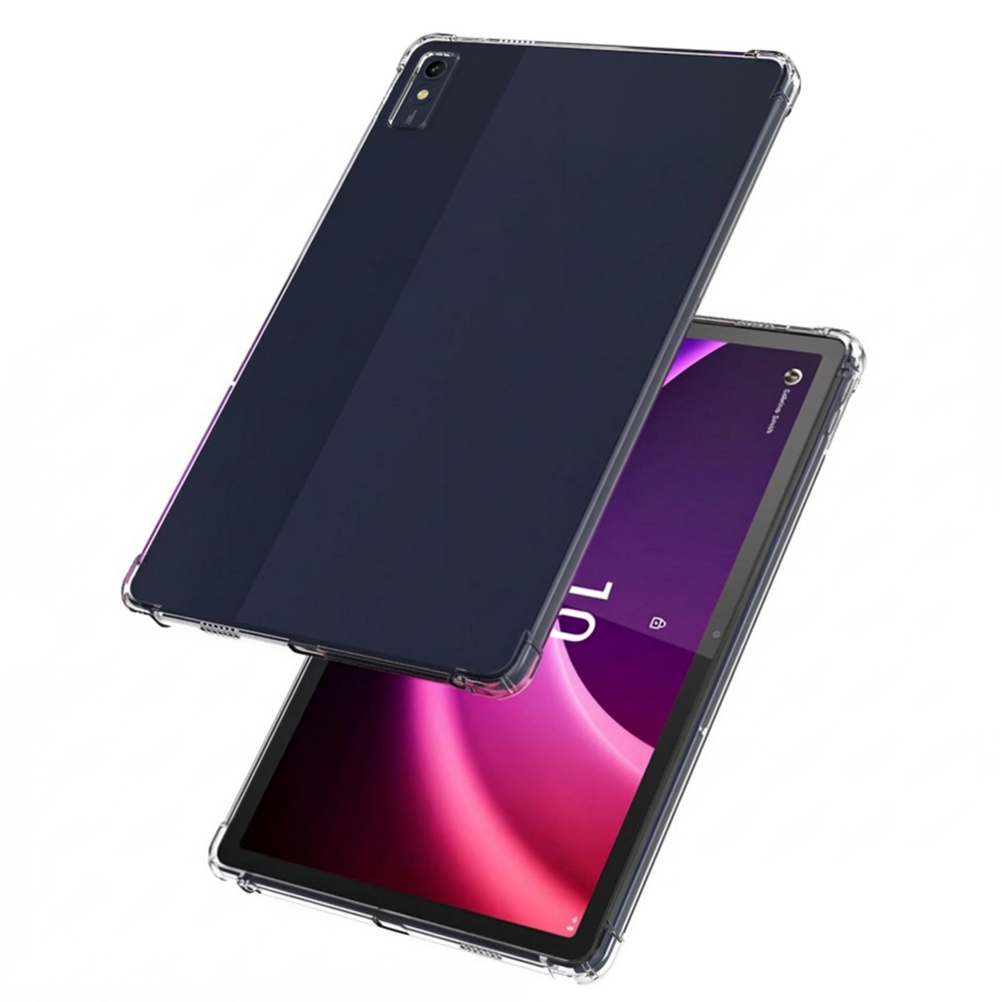 A dark tablet with a clear case against a white background.
