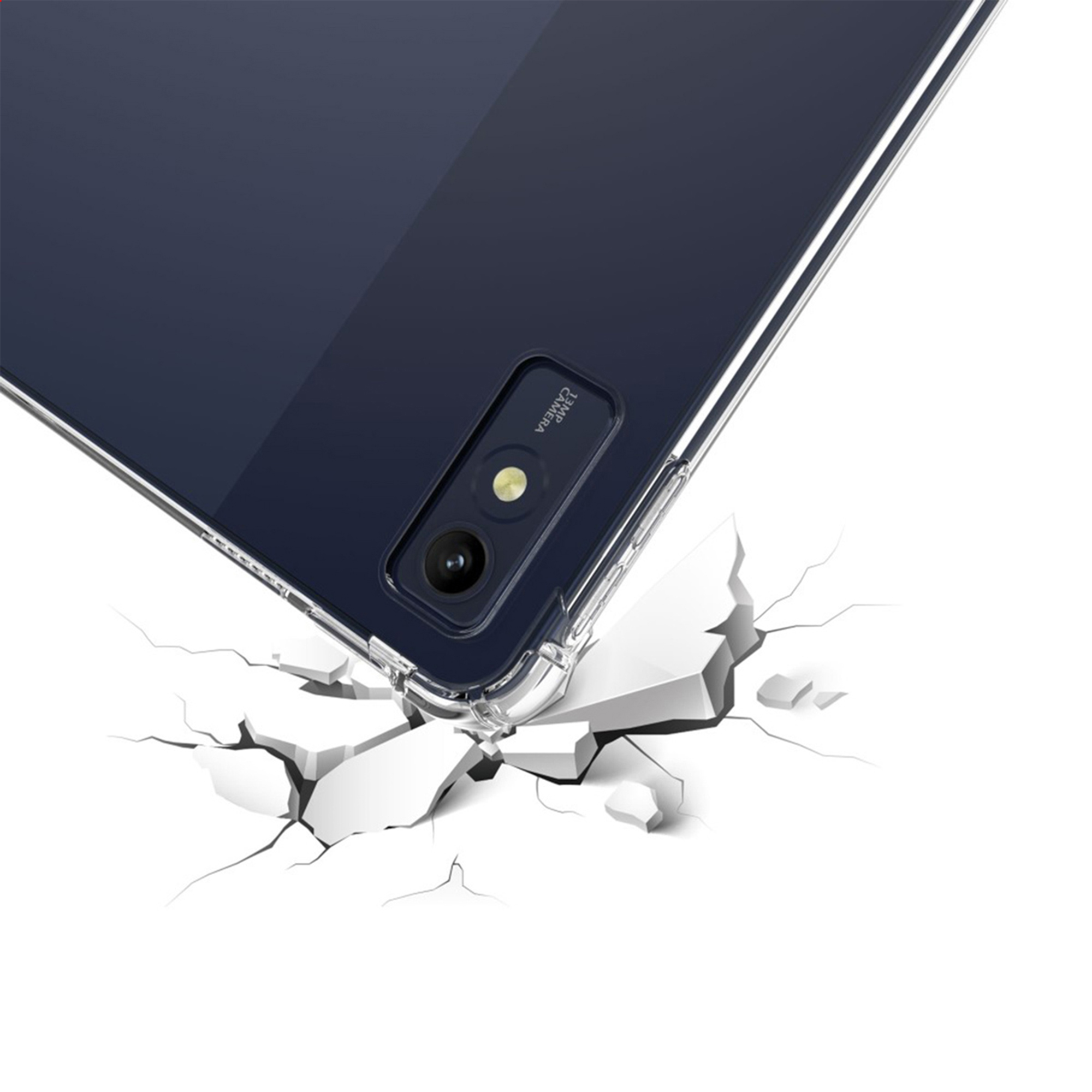 A dark smartphone in a clear case breaks through a white surface.