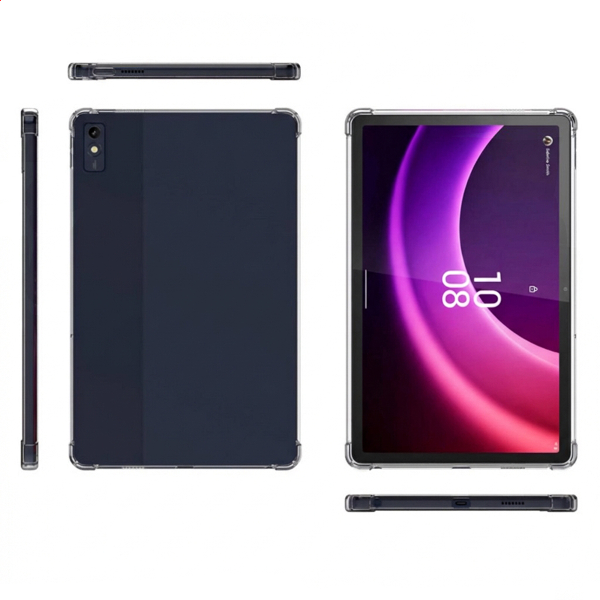 Three views of a dark tablet in a clear case. The front shows a purple and pink background.
