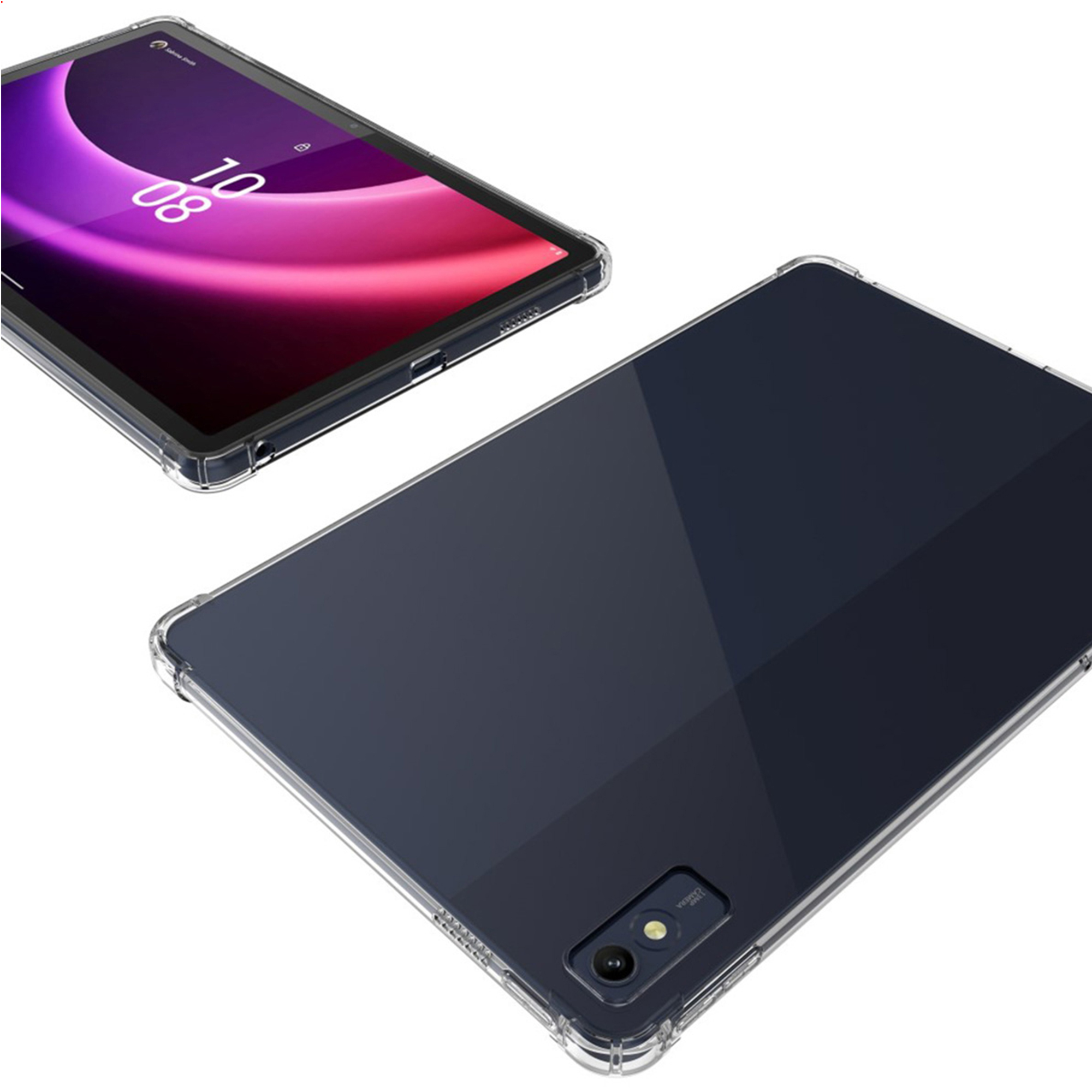 A transparent case on a dark tablet, showing screen and camera.