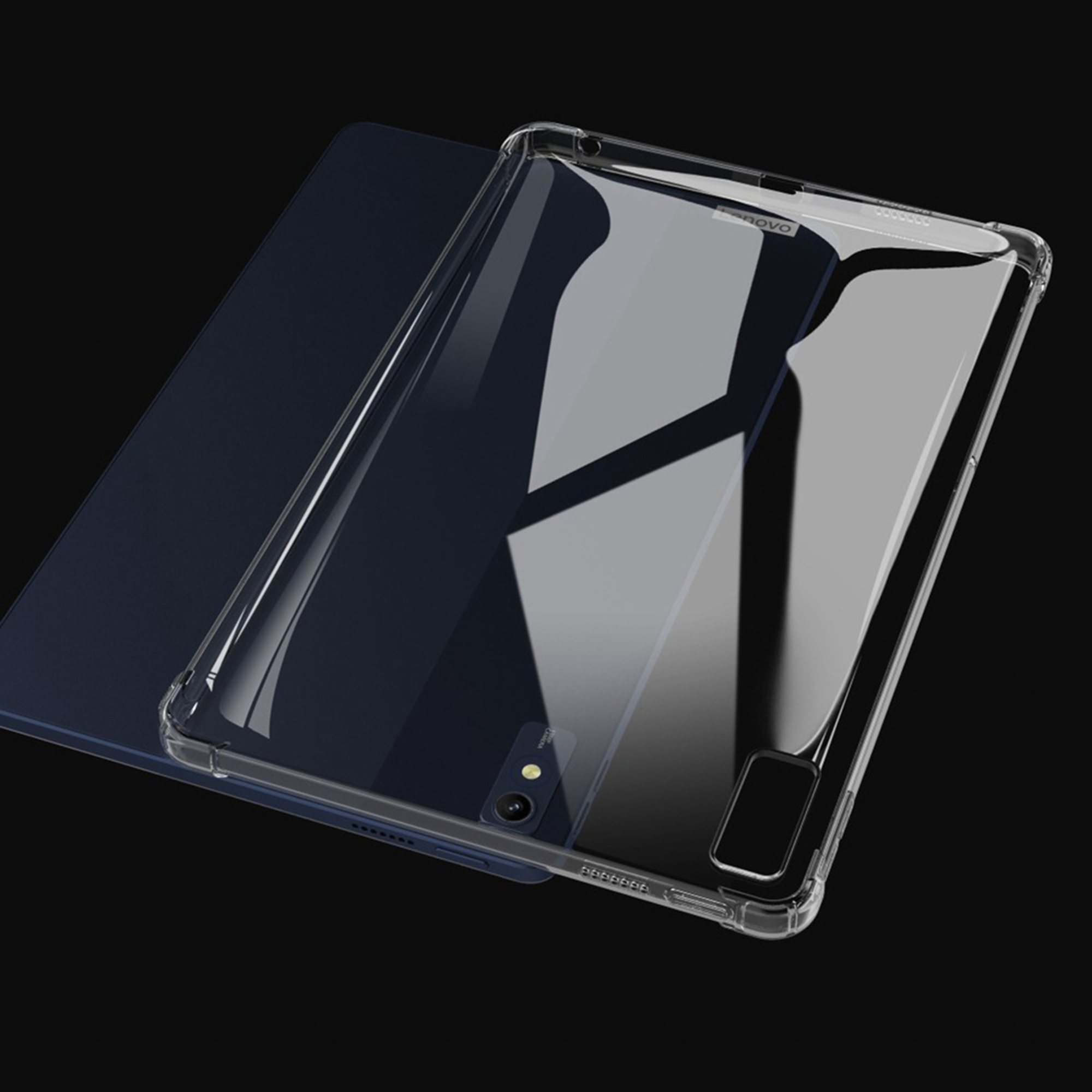 A transparent dark blue tablet case on a black background.