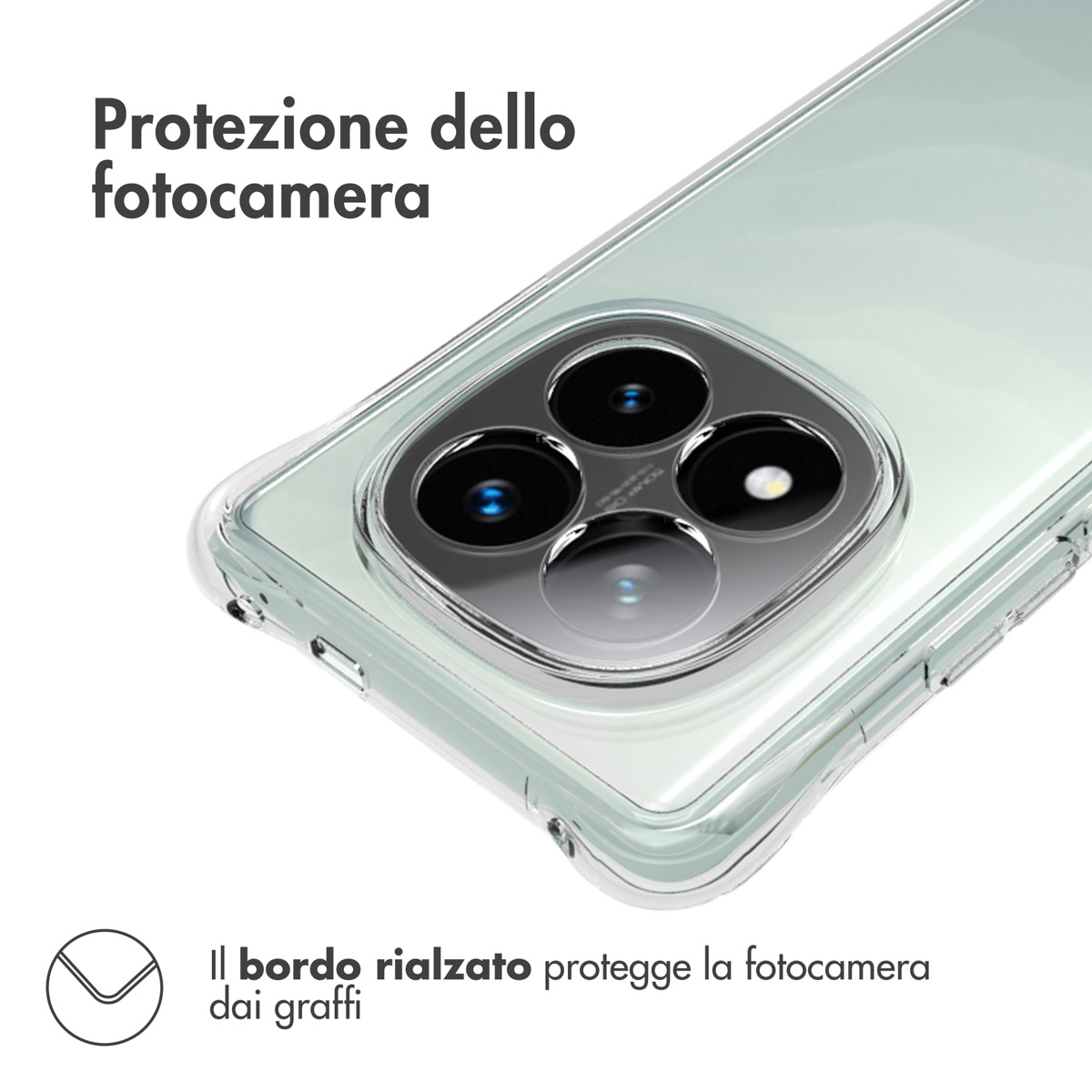 Cover trasparente per telefono con bordo rialzato che protegge le lenti.