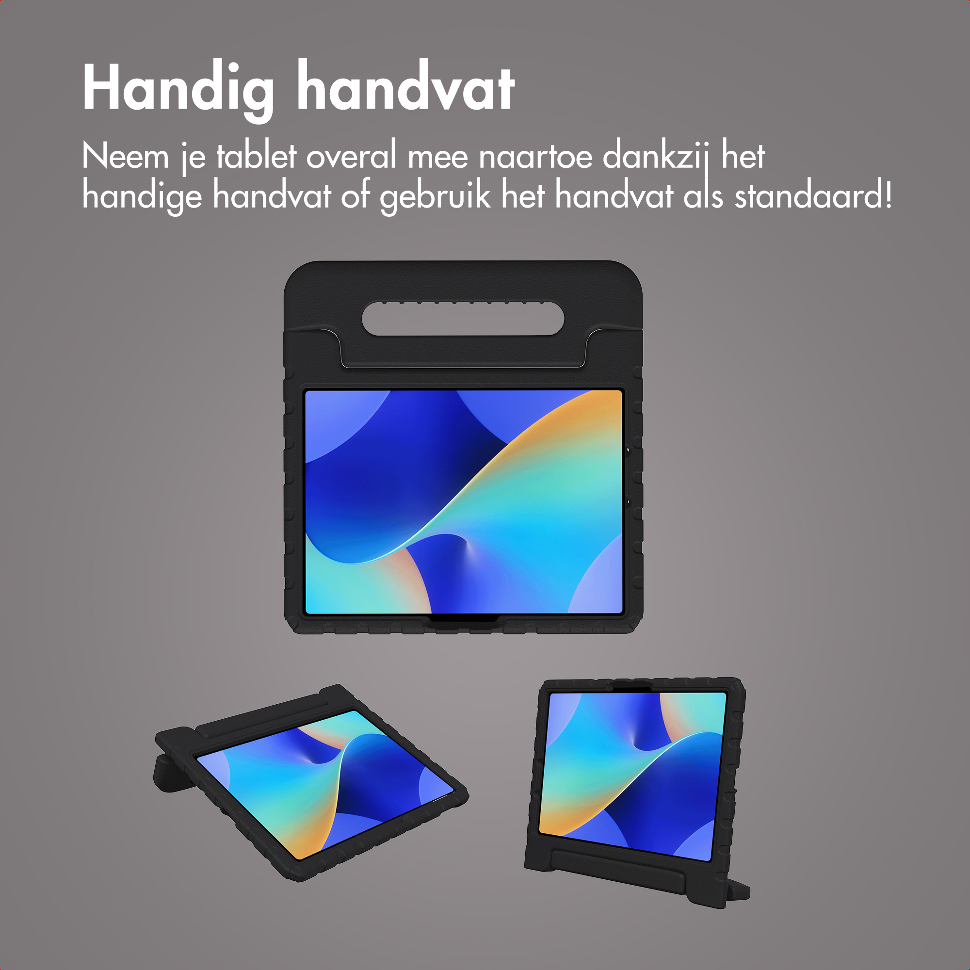 Black tablet case with handle and stand, showing colorful screens.