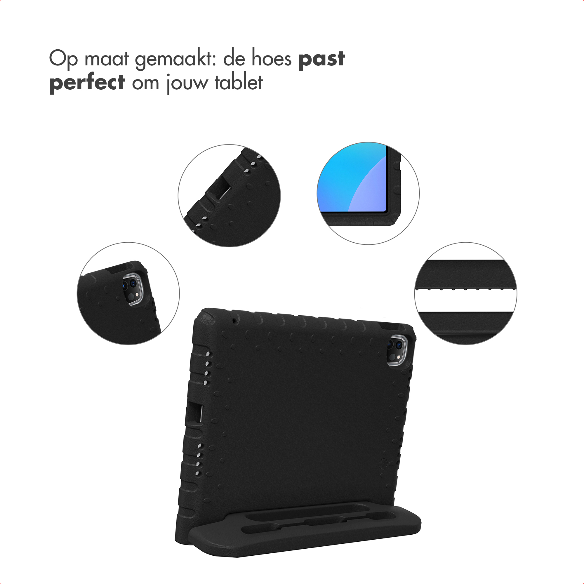 Black tablet case with stand and close-up details.