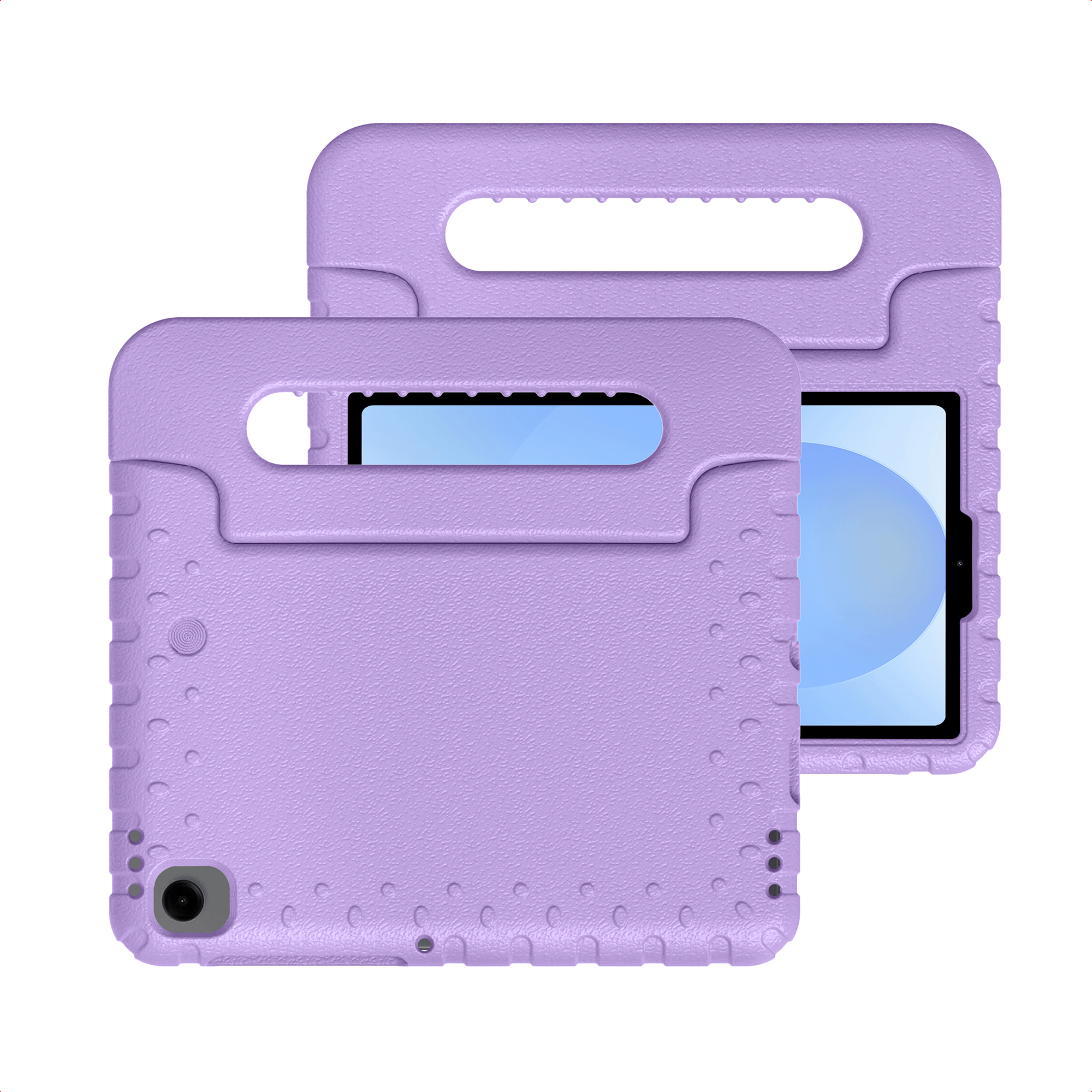 Two purple tablet cases with handles against a white background.