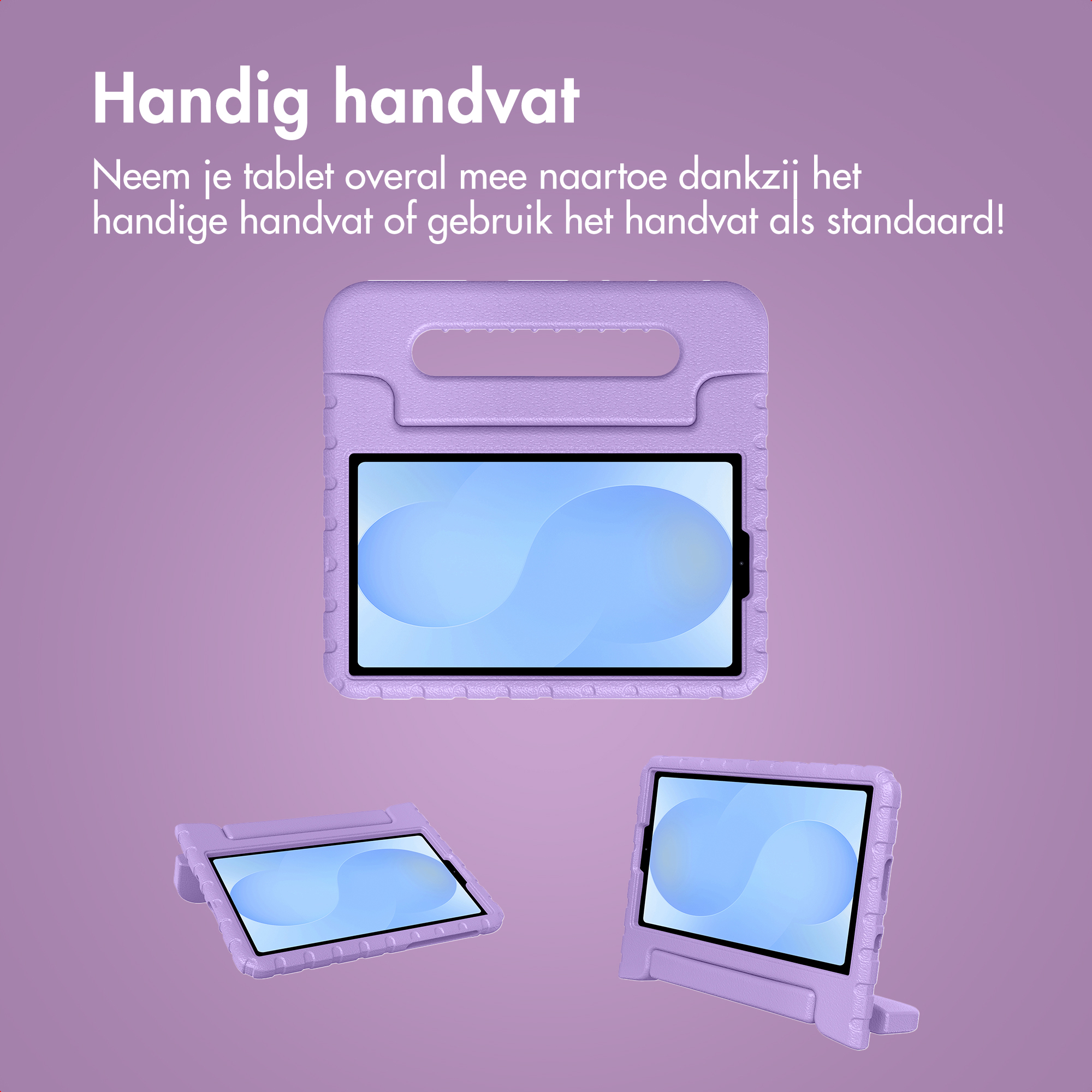 Purple tablet cases with handles and stands against a purple background.