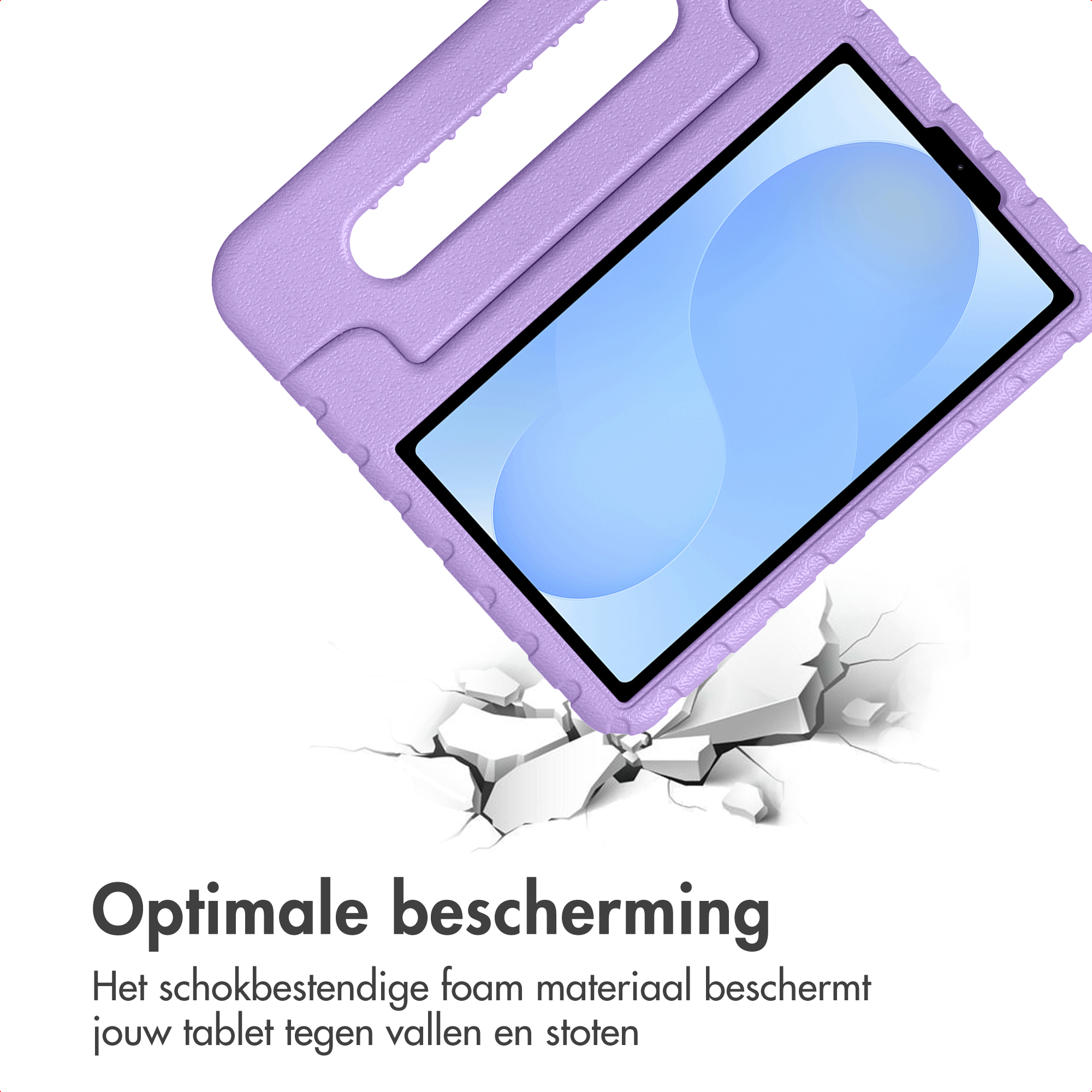 Purple tablet case with handle rests on cracked ground.