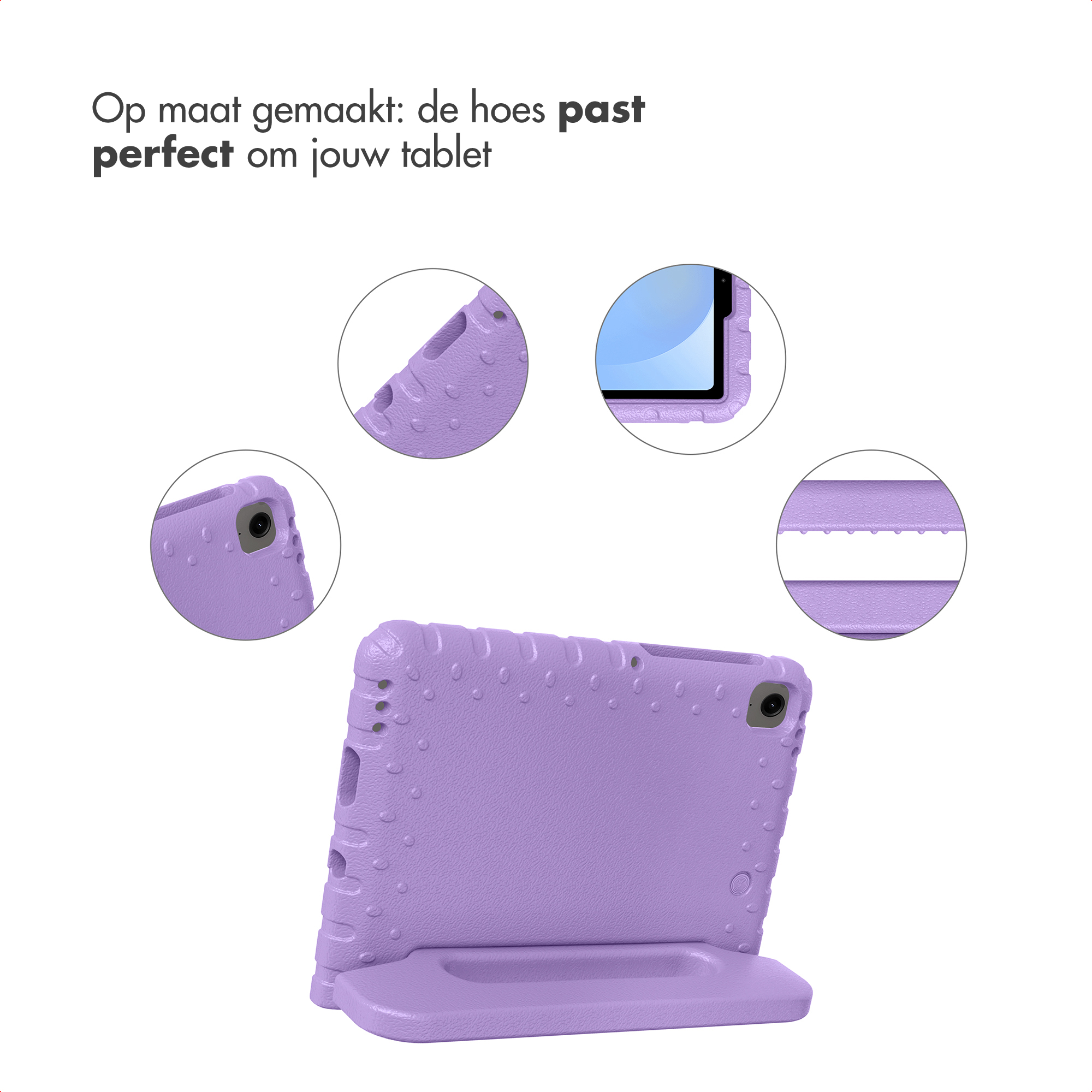 A purple tablet case with a stand. Close-ups show details of the texture.