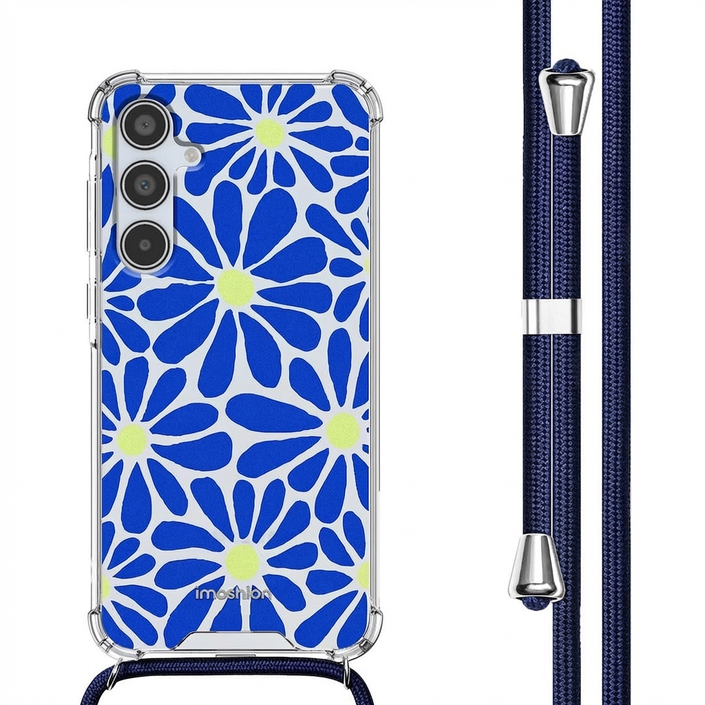 Coque de téléphone florale bleue avec cordon. Coque transparente à centres jaunes.