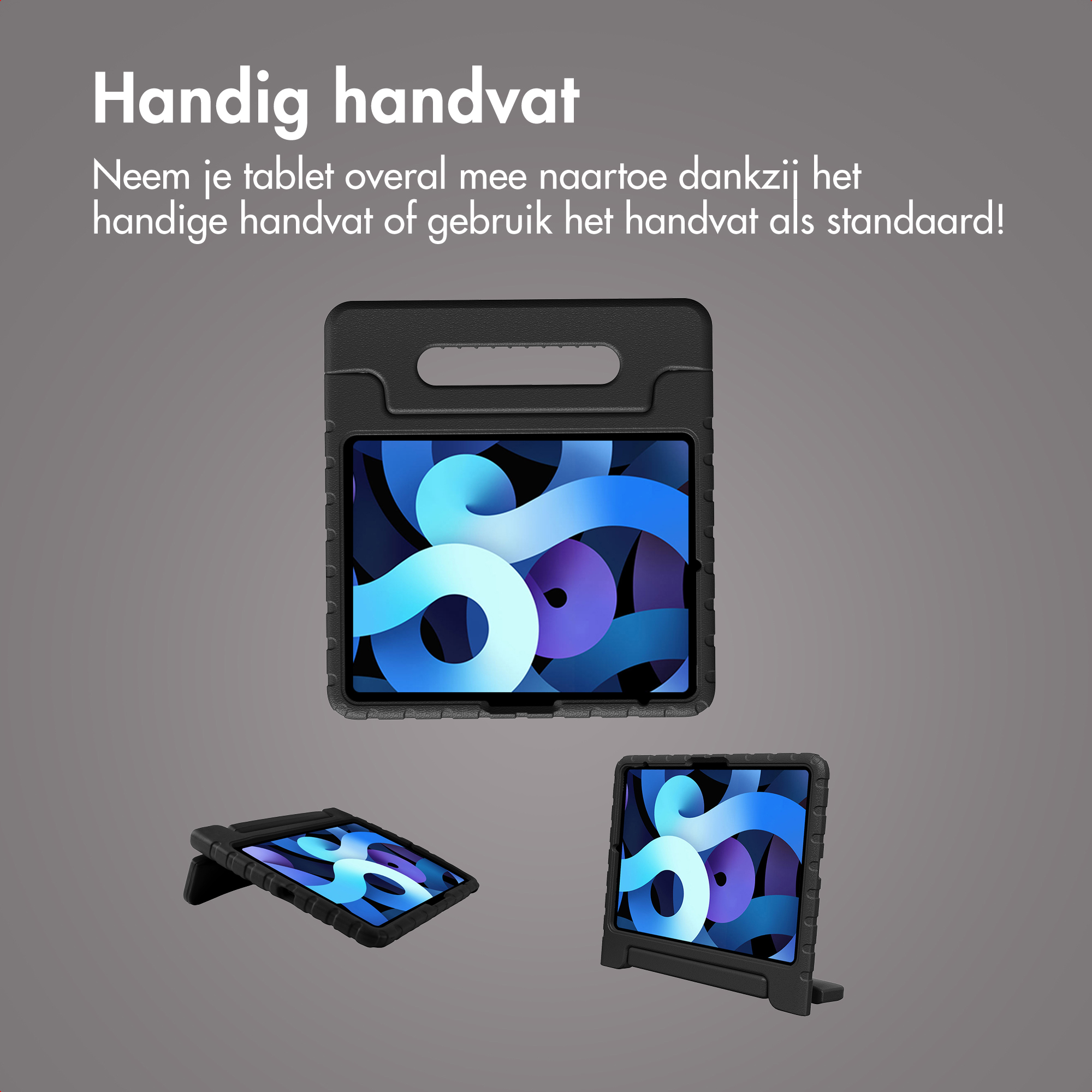 Black tablet case with handle and stand, showing a tablet with a blue background.