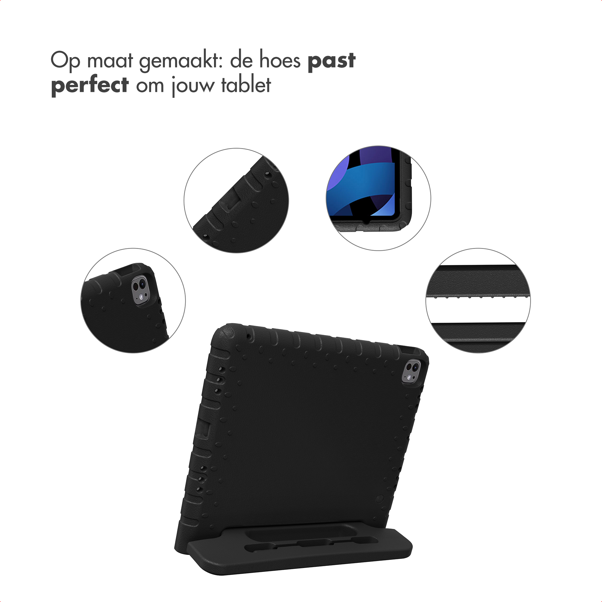 A black tablet case with an integrated stand, shown with close-ups of its features.