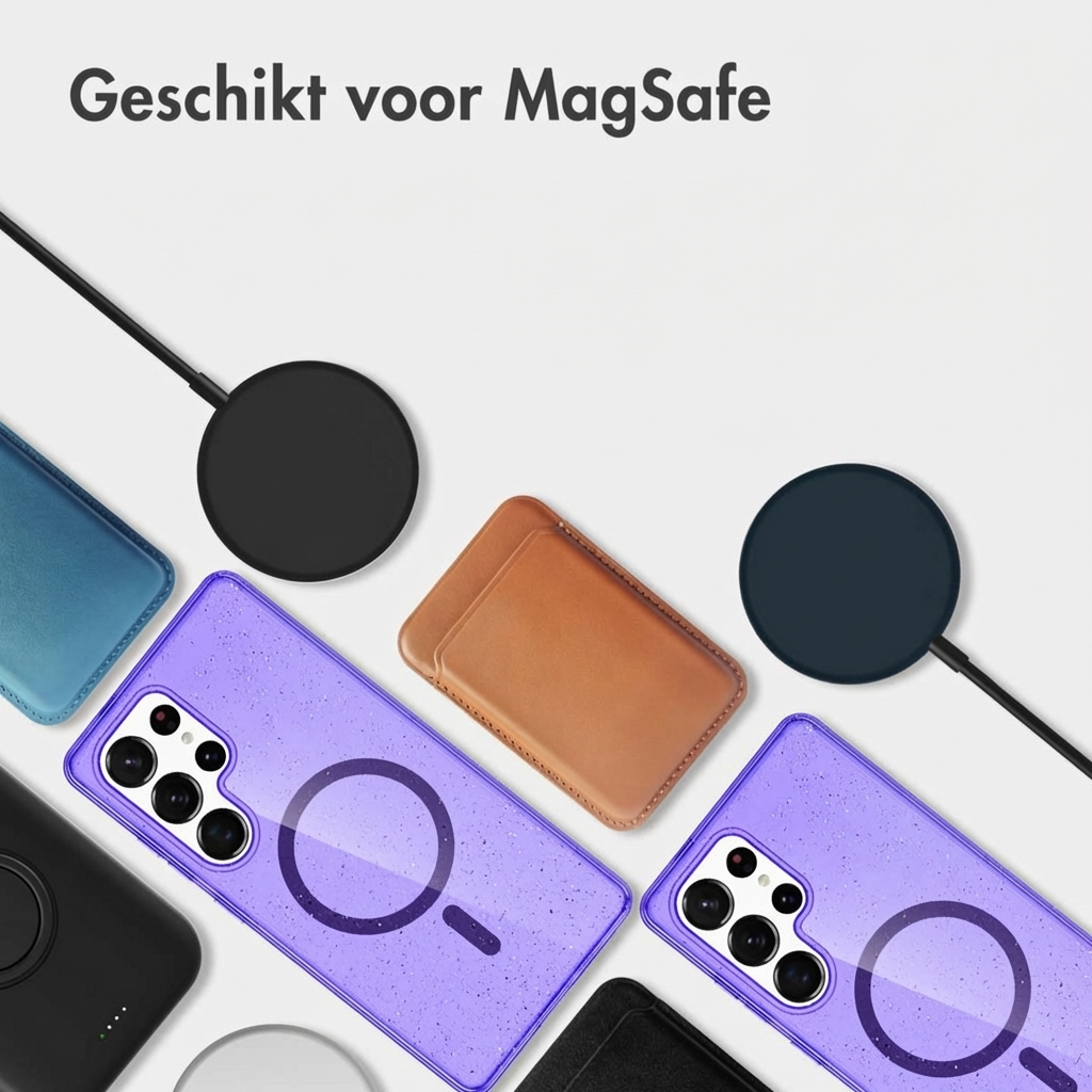 MagSafe compatibele telefoonhoesjes en opladers in paars en bruin.