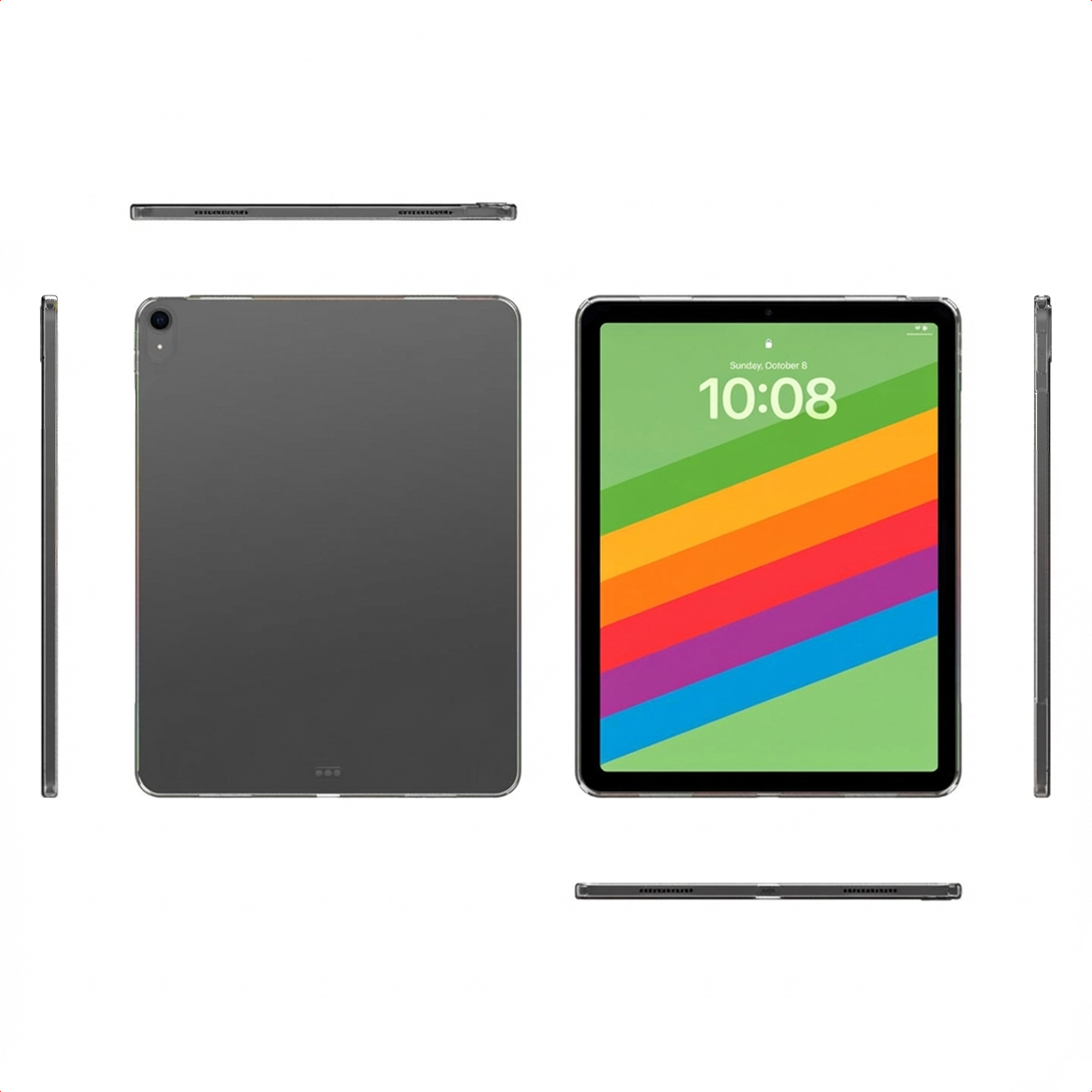 A dark tablet is shown from the front and back, with side views.