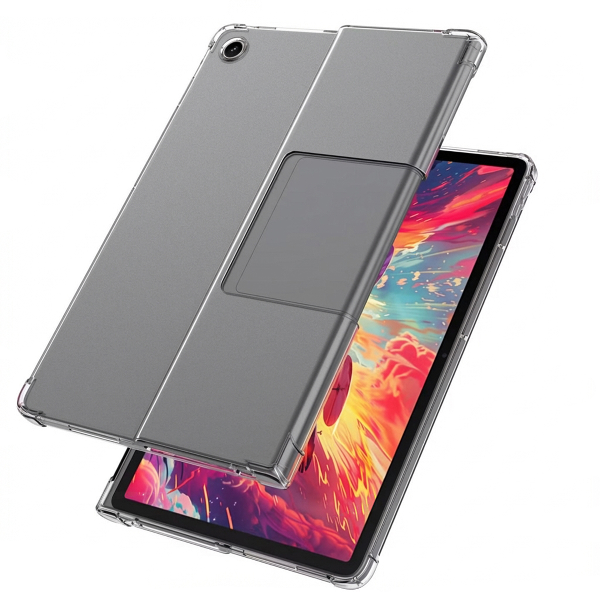A clear tablet case displaying a colorful wallpaper on its screen.