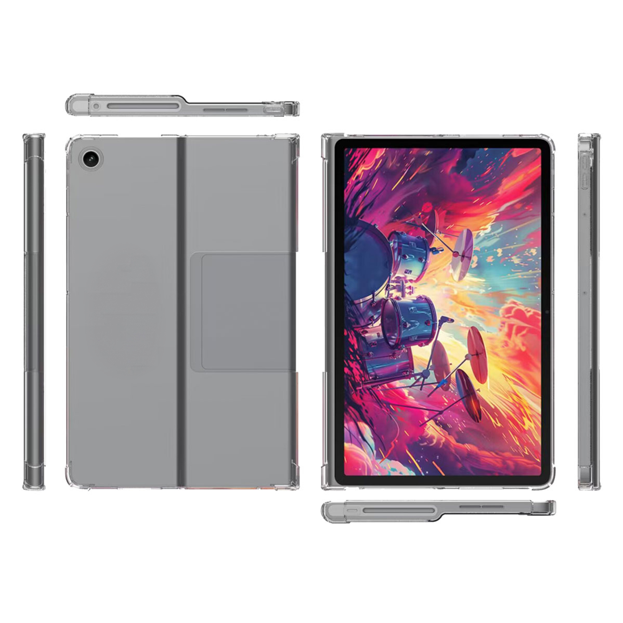 A tablet in a clear case with a drum kit wallpaper.