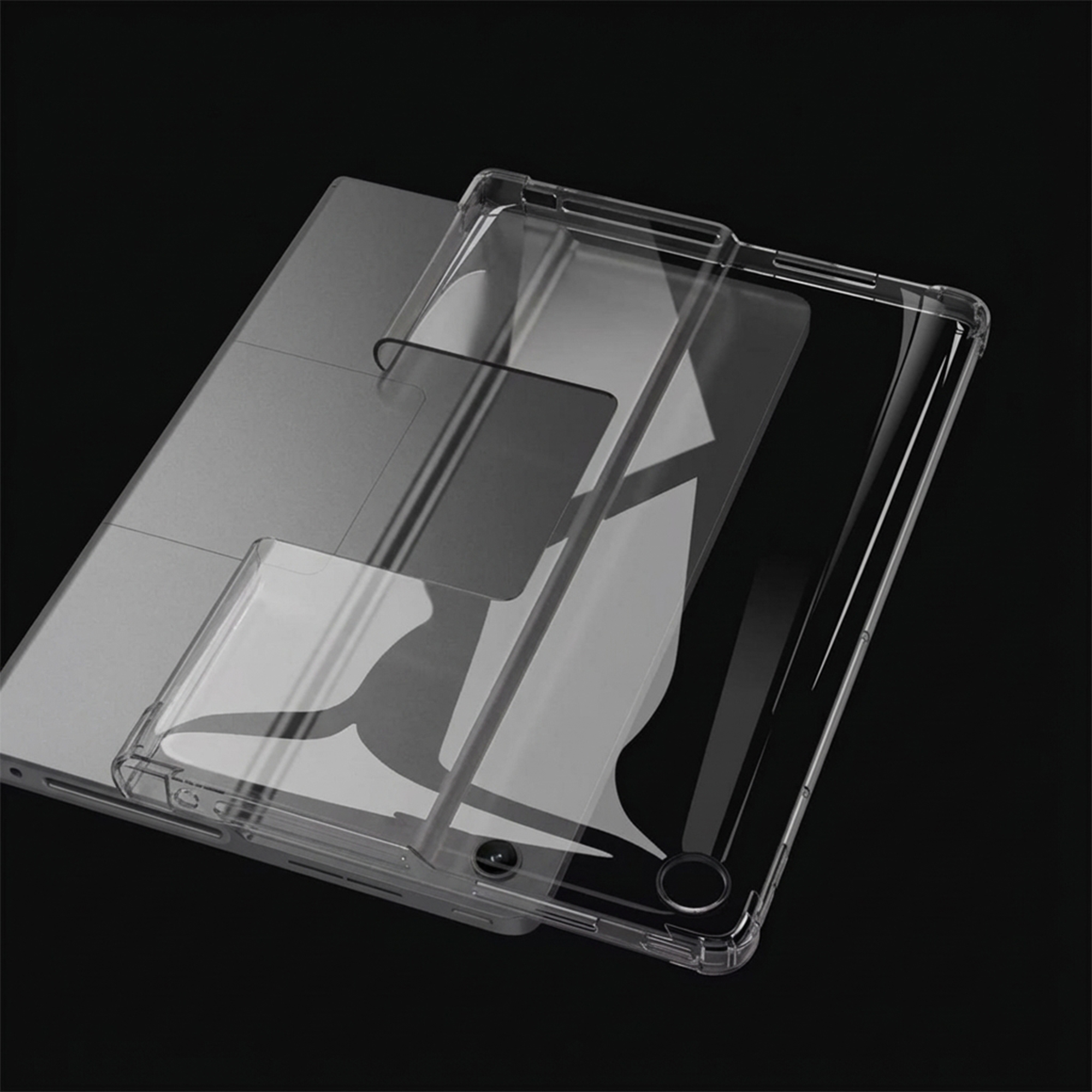 A clear case is shown over a gray tablet against a black background.