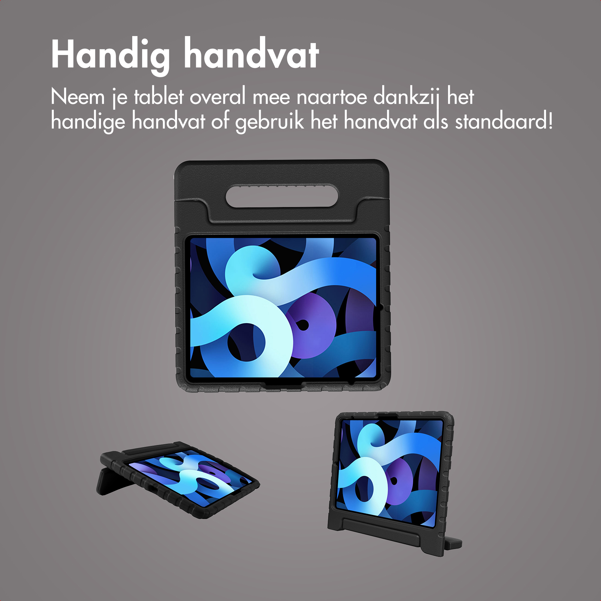 A black tablet case with handle and stand. Shows a blue abstract design.