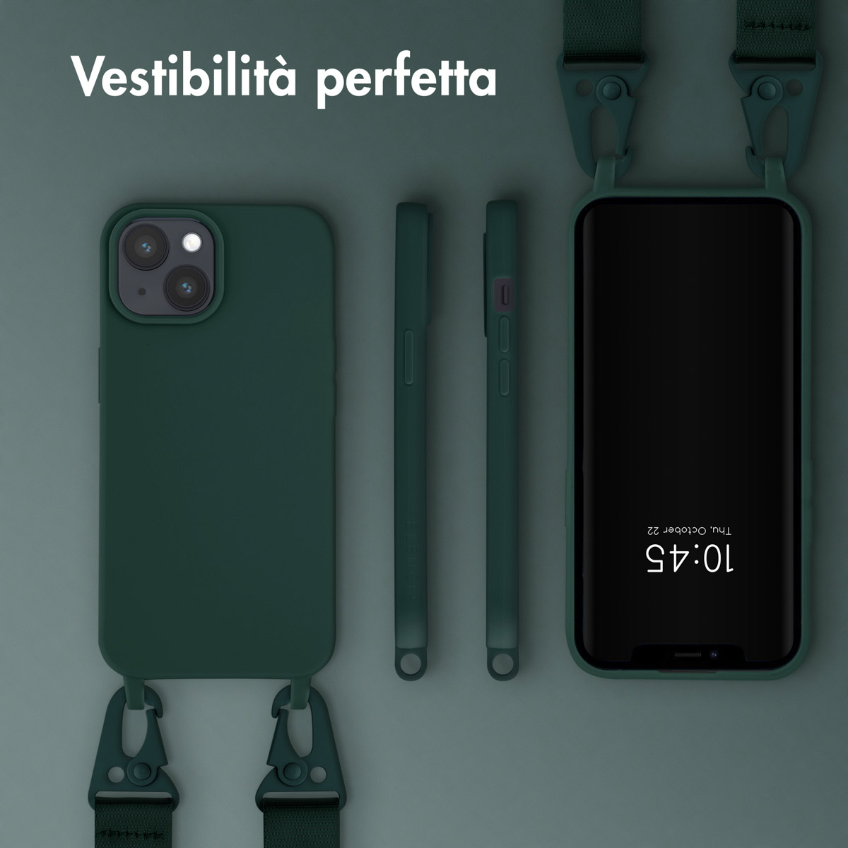 Three green phone cases and a smartphone with a strap, studio shot.