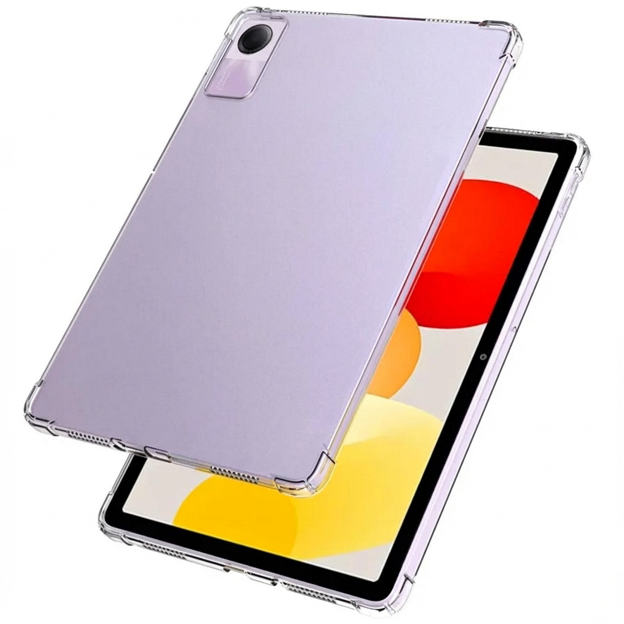 A purple tablet in a clear case, showing a colorful screen display.