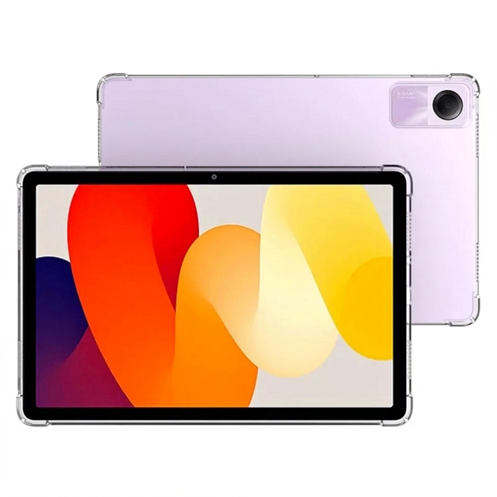 A purple tablet with a colorful background on screen and a camera on the back.