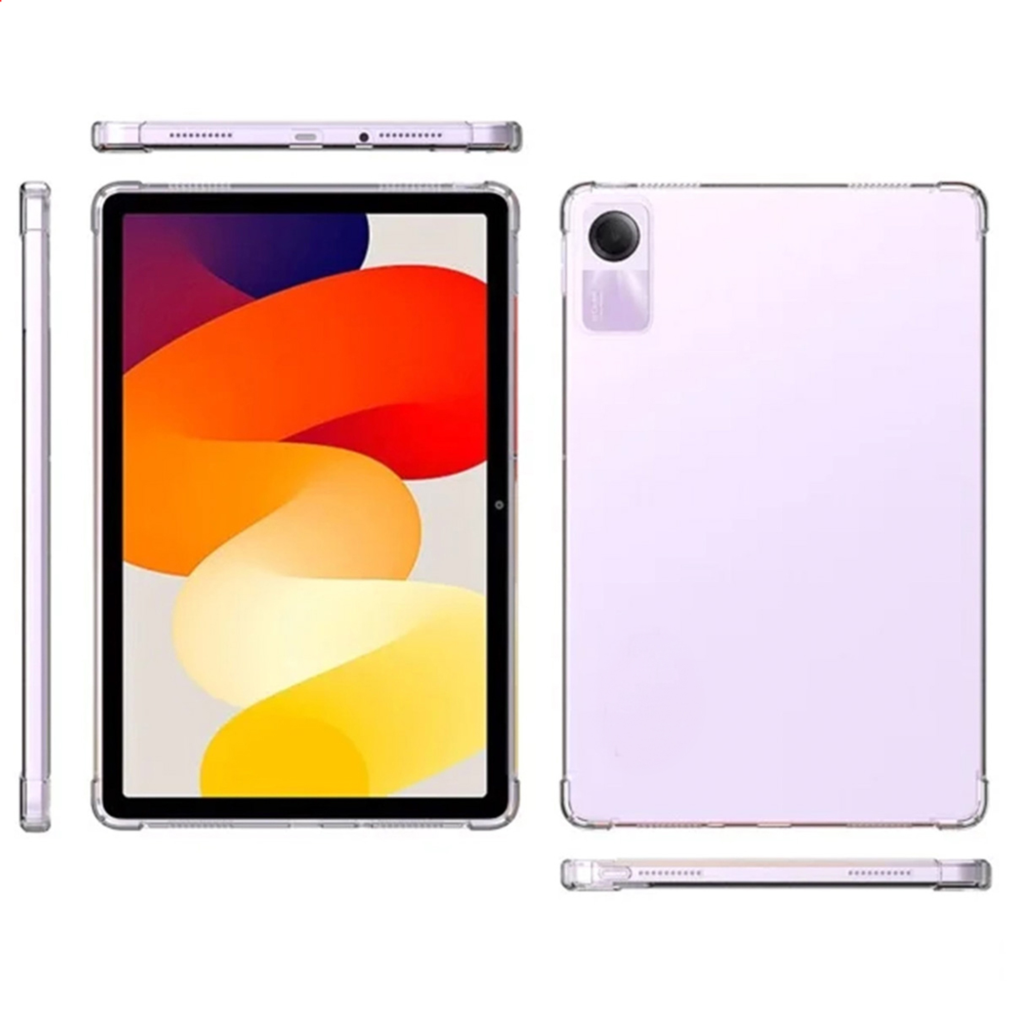 A purple tablet in a clear case, showing front, back, and side views.
