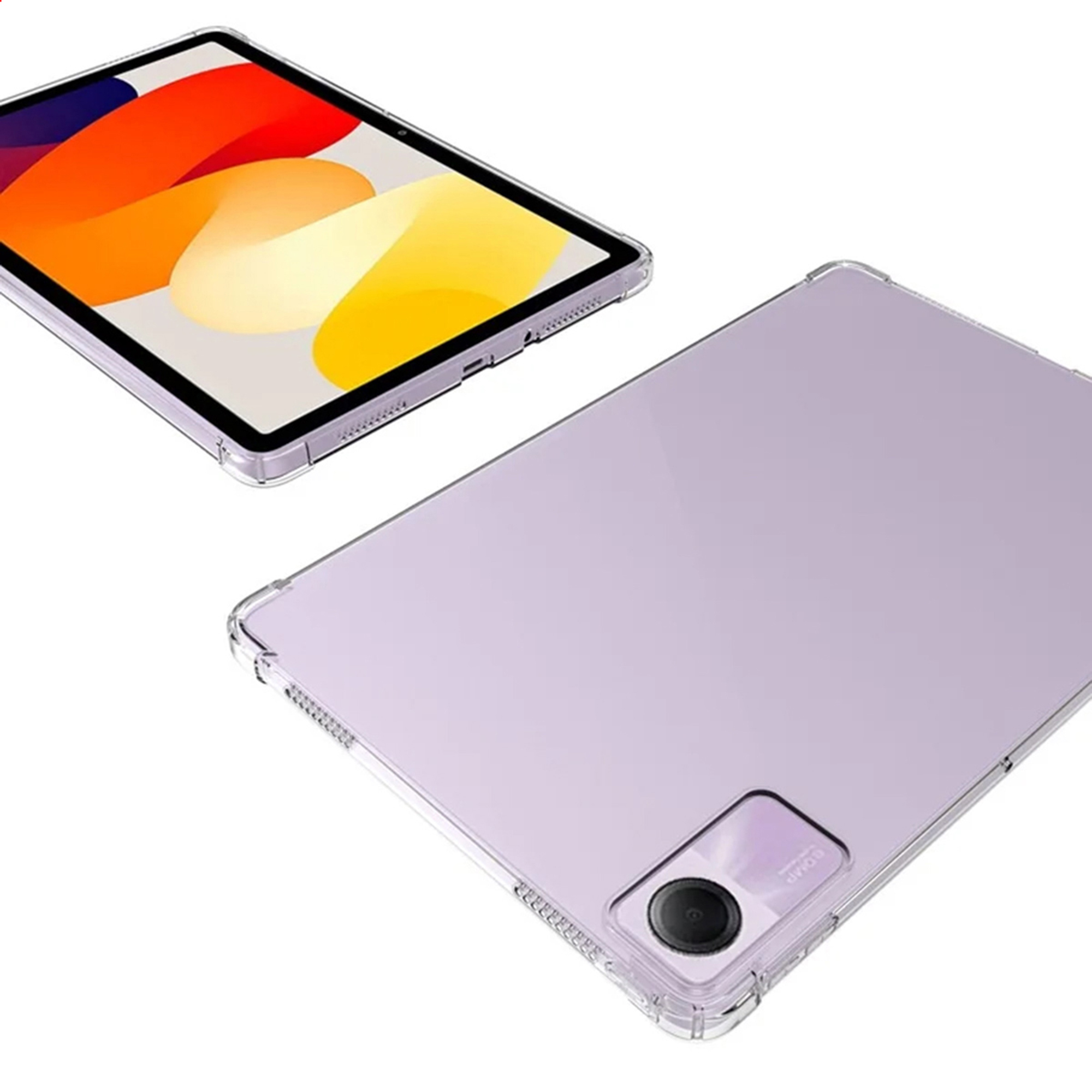 Transparent case on a light purple tablet, with one showing screen, other showing back.