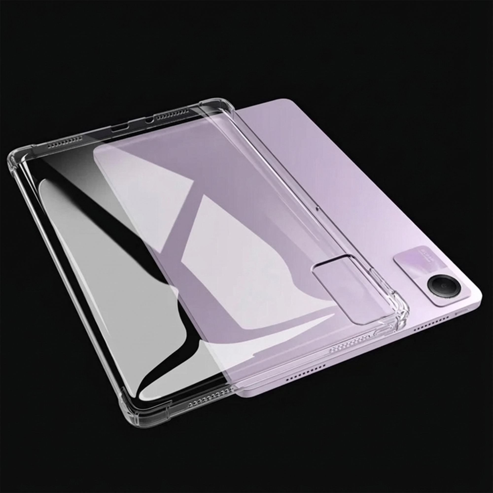 A clear case lies over a light purple tablet against a black background.