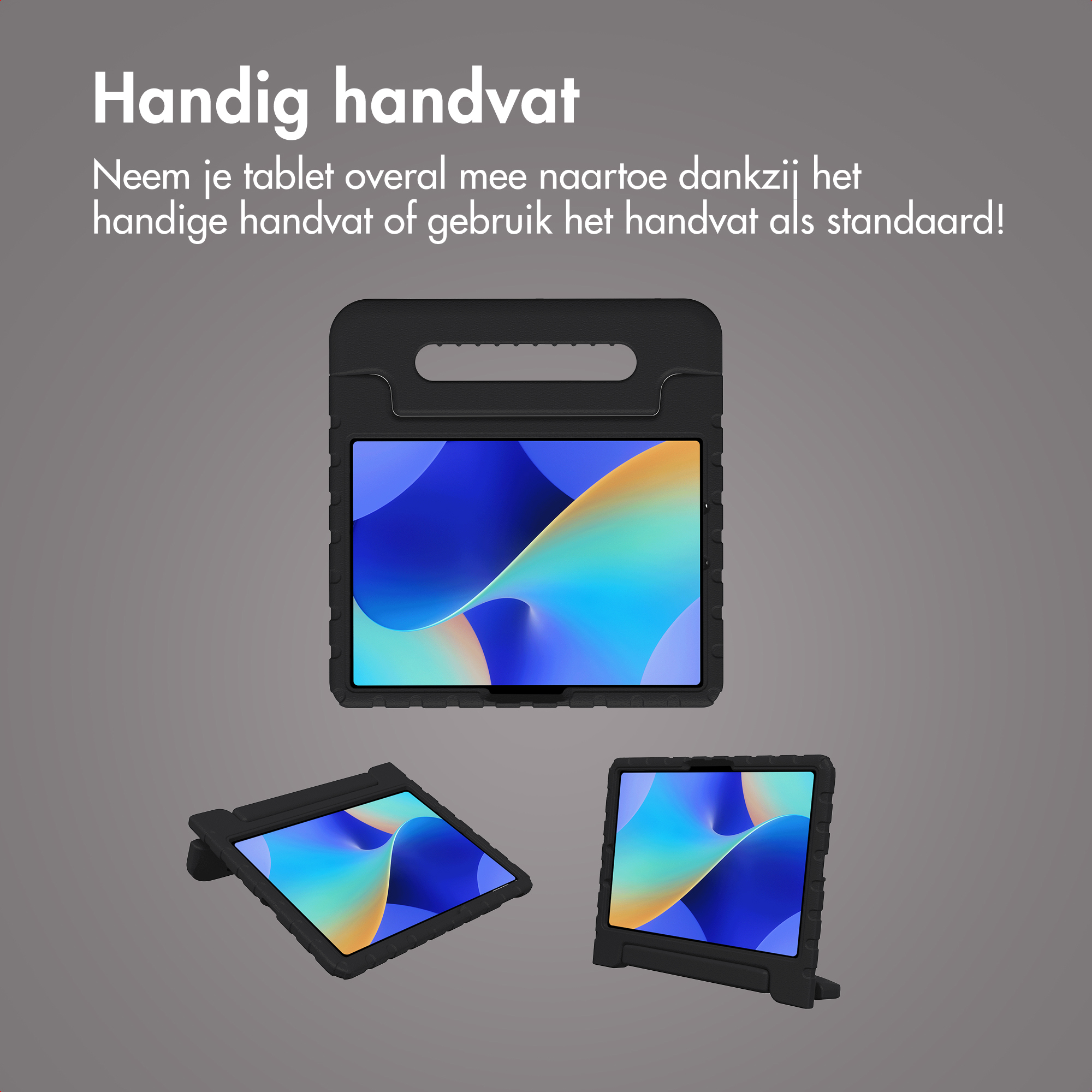 Black tablet case with handle and stand, showing a tablet with a colorful background.