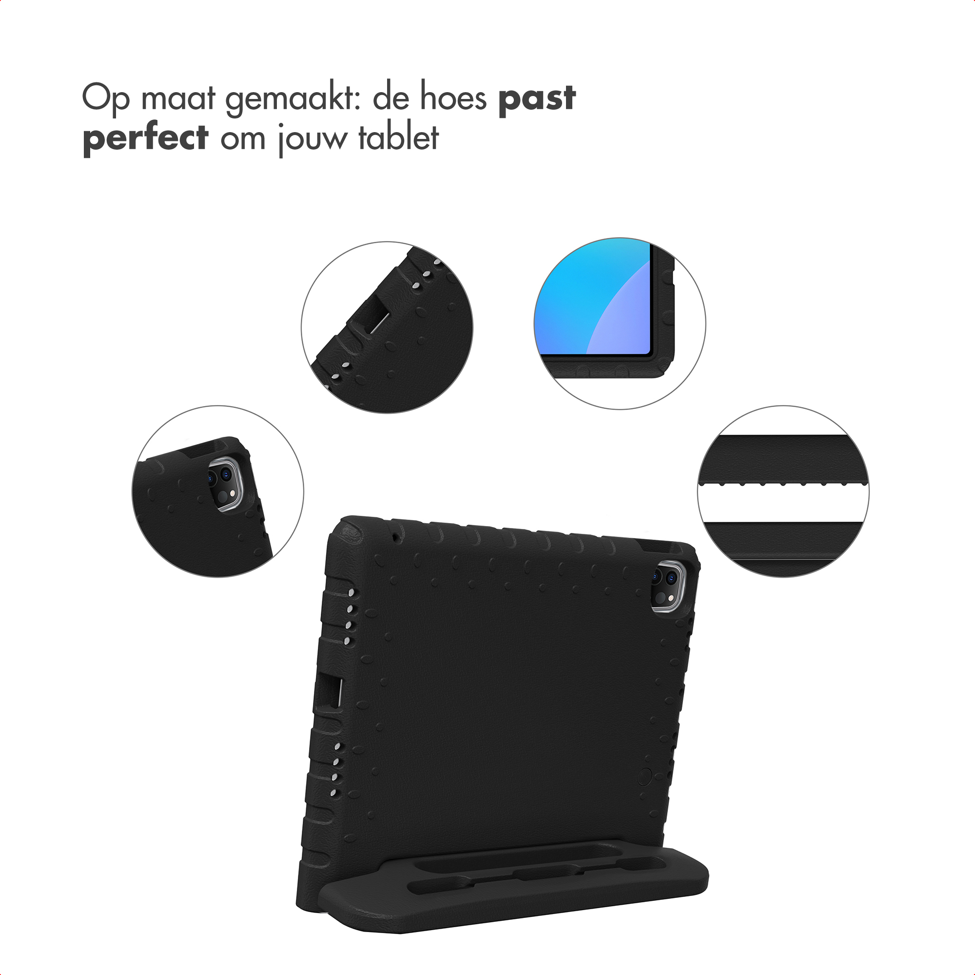 Black tablet case with stand, showing details like camera opening and texture.