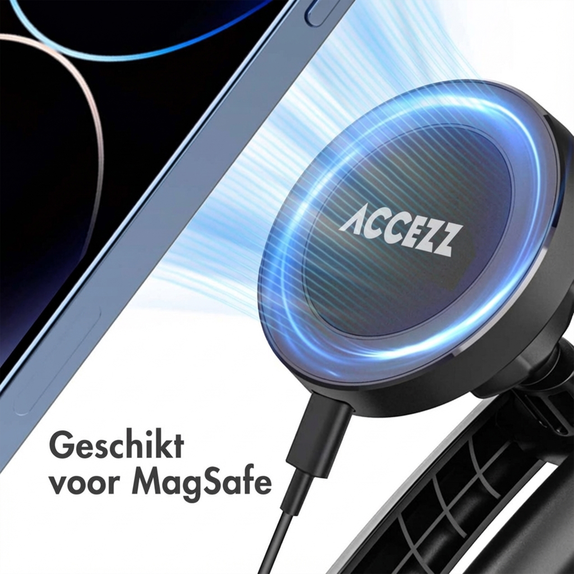 A blue light surrounds a MagSafe charger attached to a phone.