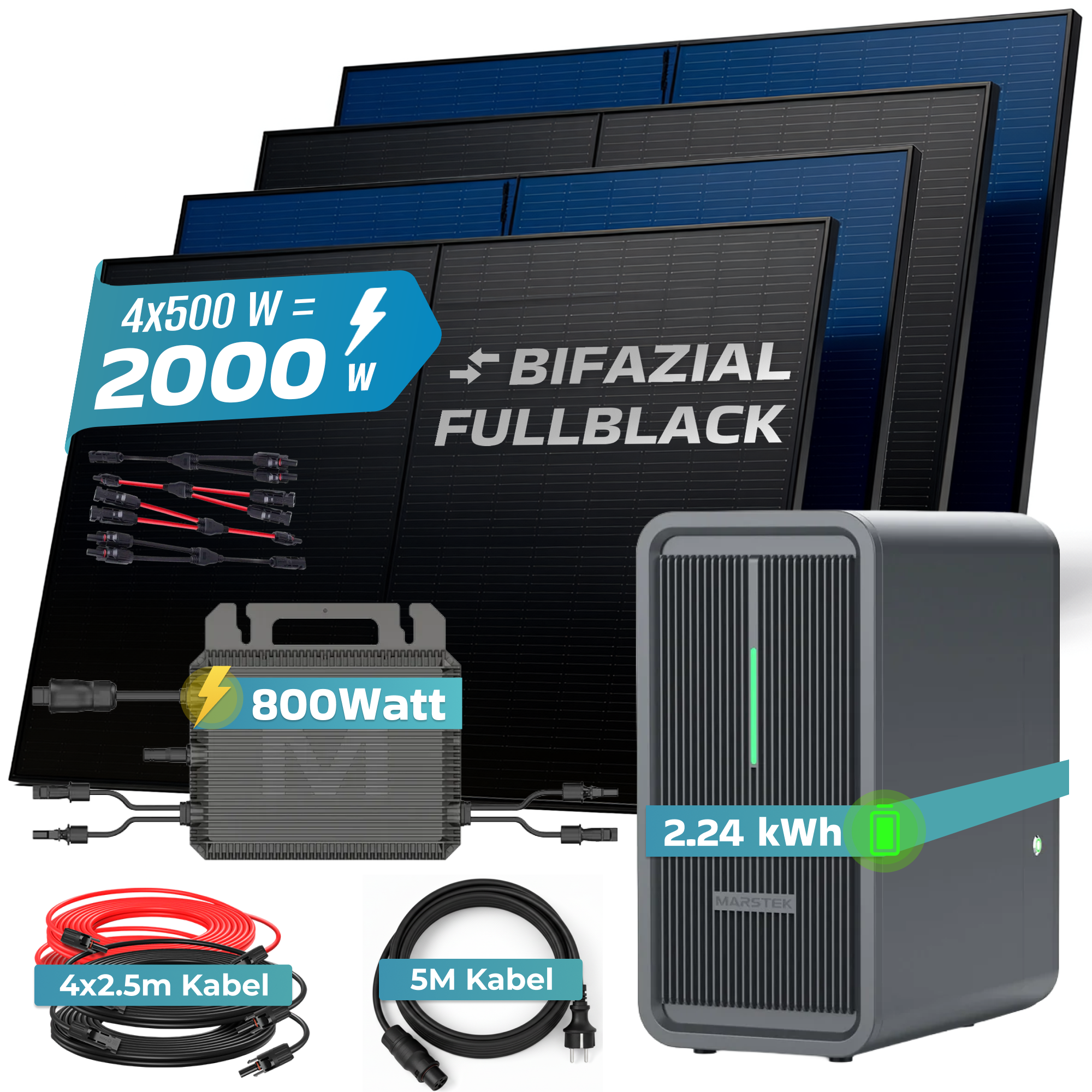 Solaranlage mit 4x500W Modulen, 800W Wechselrichter, Energiespeicher 2.24kWh & Kabel.