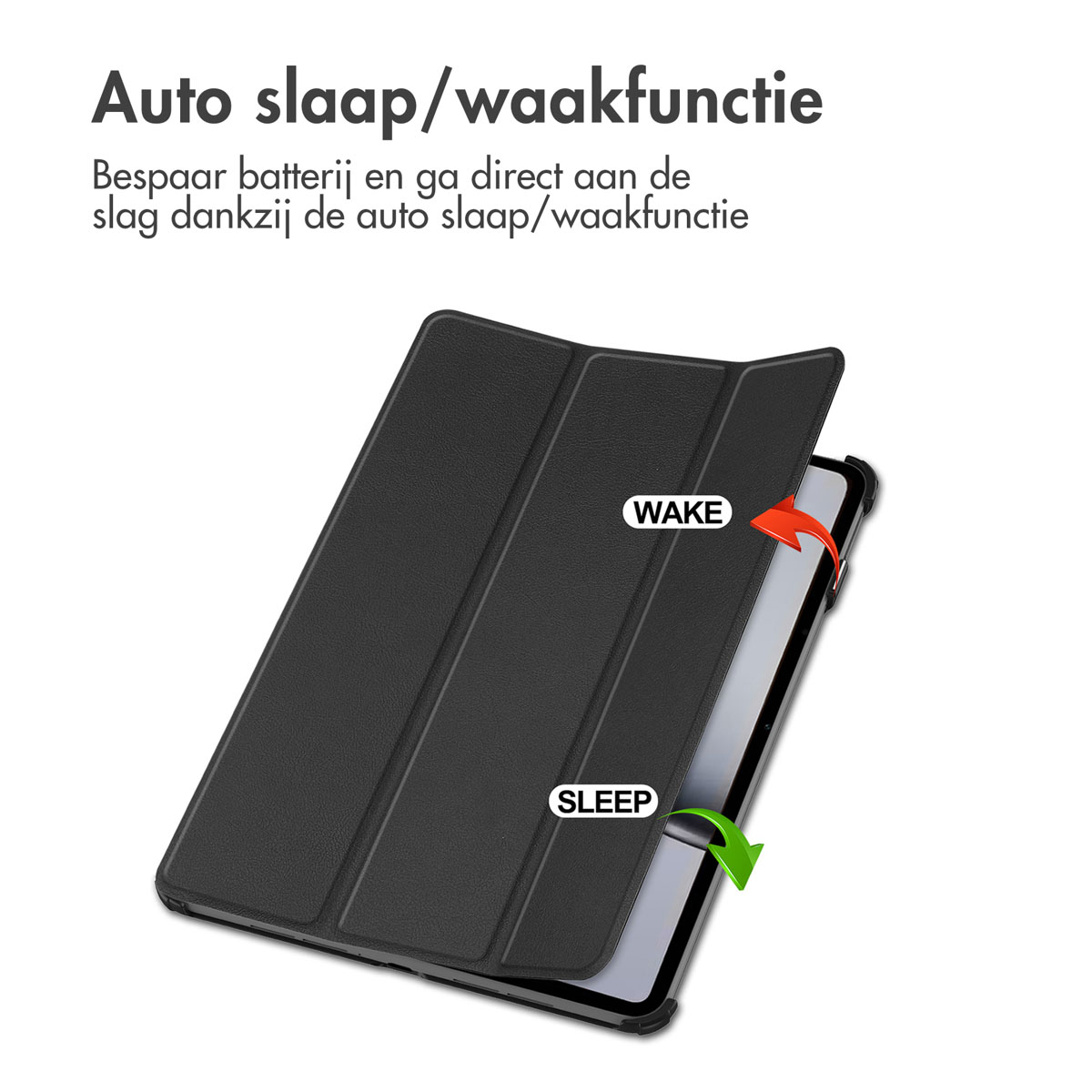 Black tablet with case showing sleep and wake modes.