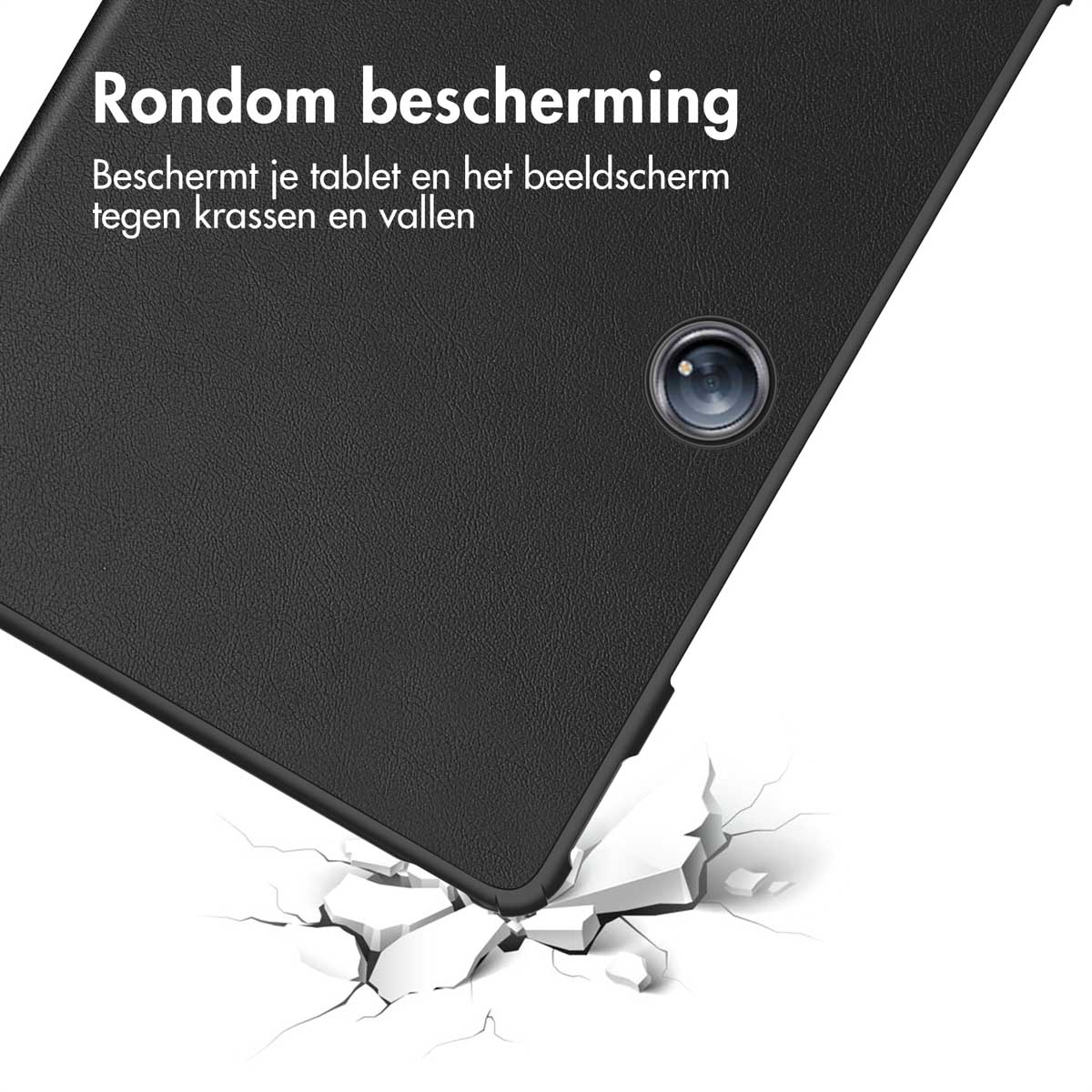 Black tablet case with "Rondom bescherming" text falling onto shattered white surface.
